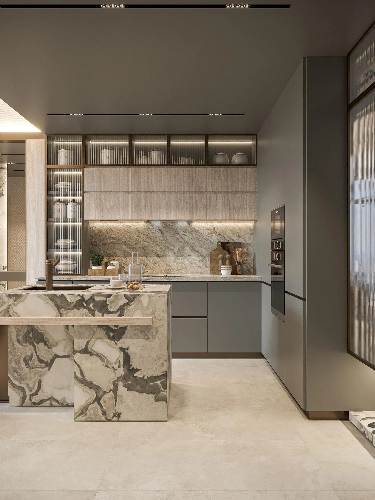 Кухня с мраморным островом в квартире Mayfair Gardens