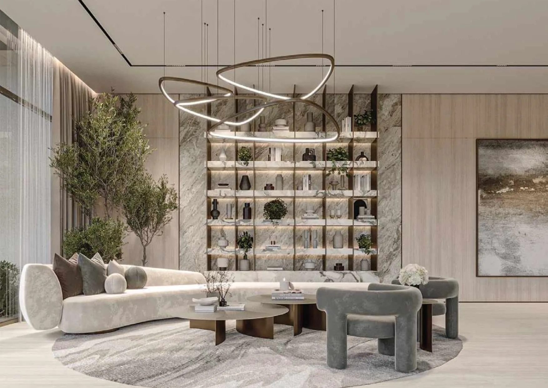 Гостиная зона в лобби Mayfair Gardens с диваном и стеллажом