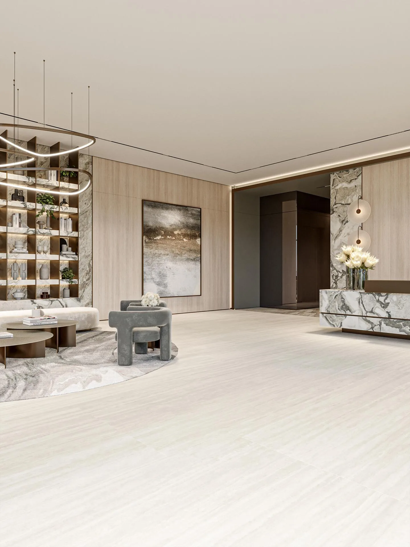 Лобби Mayfair Gardens: светлый зал со стеллажом и мраморной стойкой