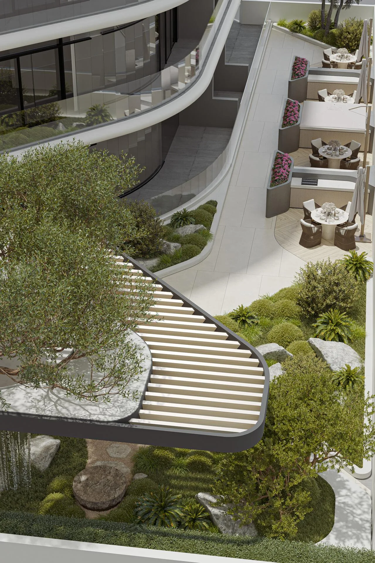 Сад Mayfair Gardens сверху: дорожка, зелень и места для отдыха