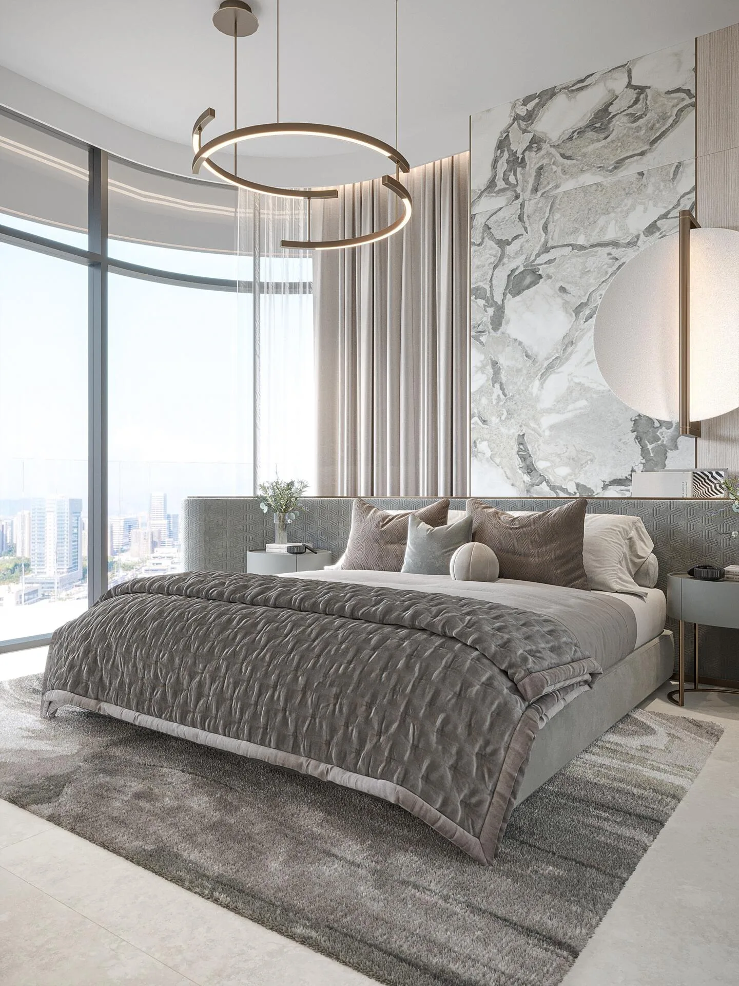 Спальня с окном от пола до потолка в квартире Mayfair Gardens