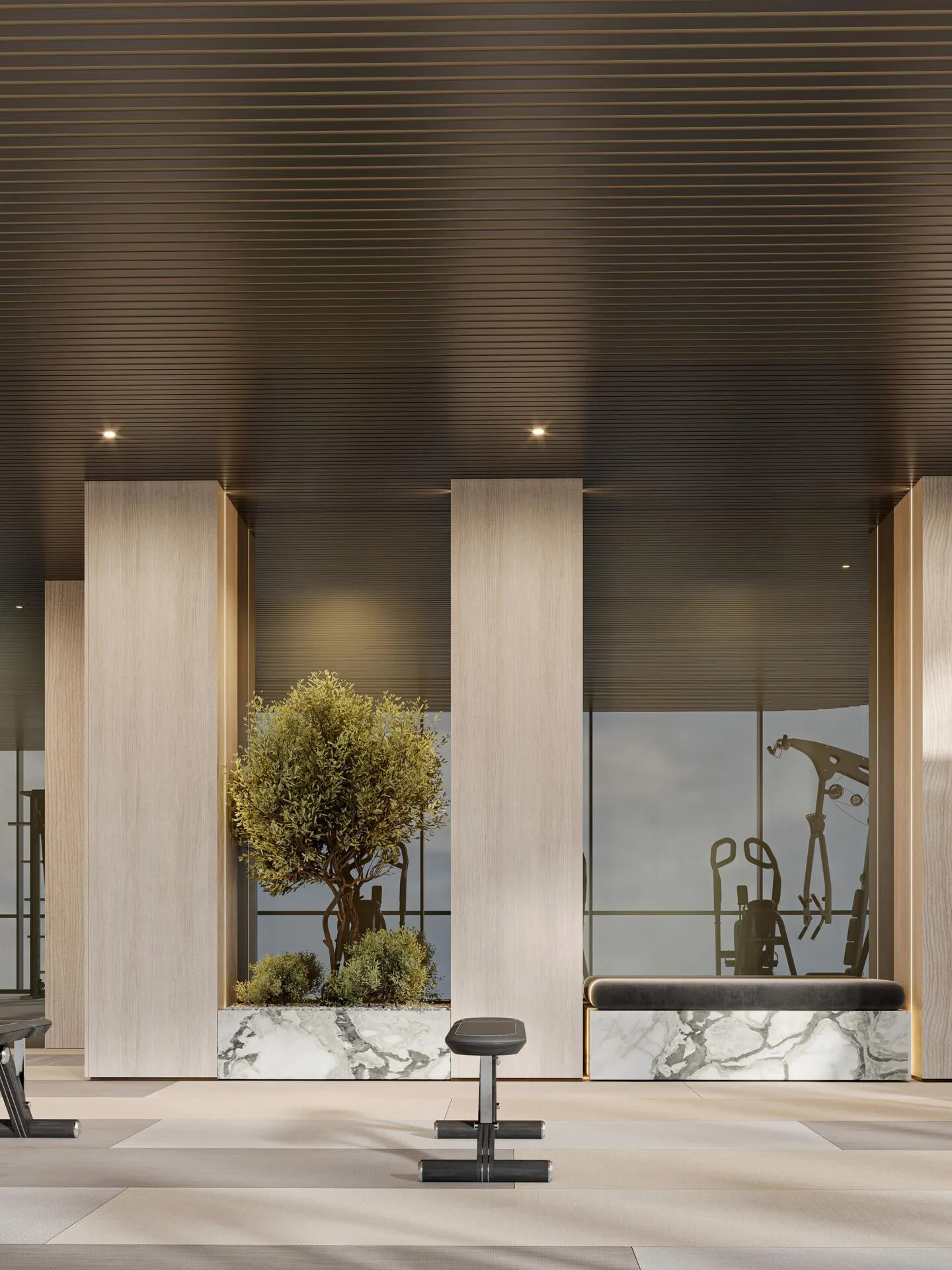 Спортзал Mayfair Gardens: деревянные колонны и зелень