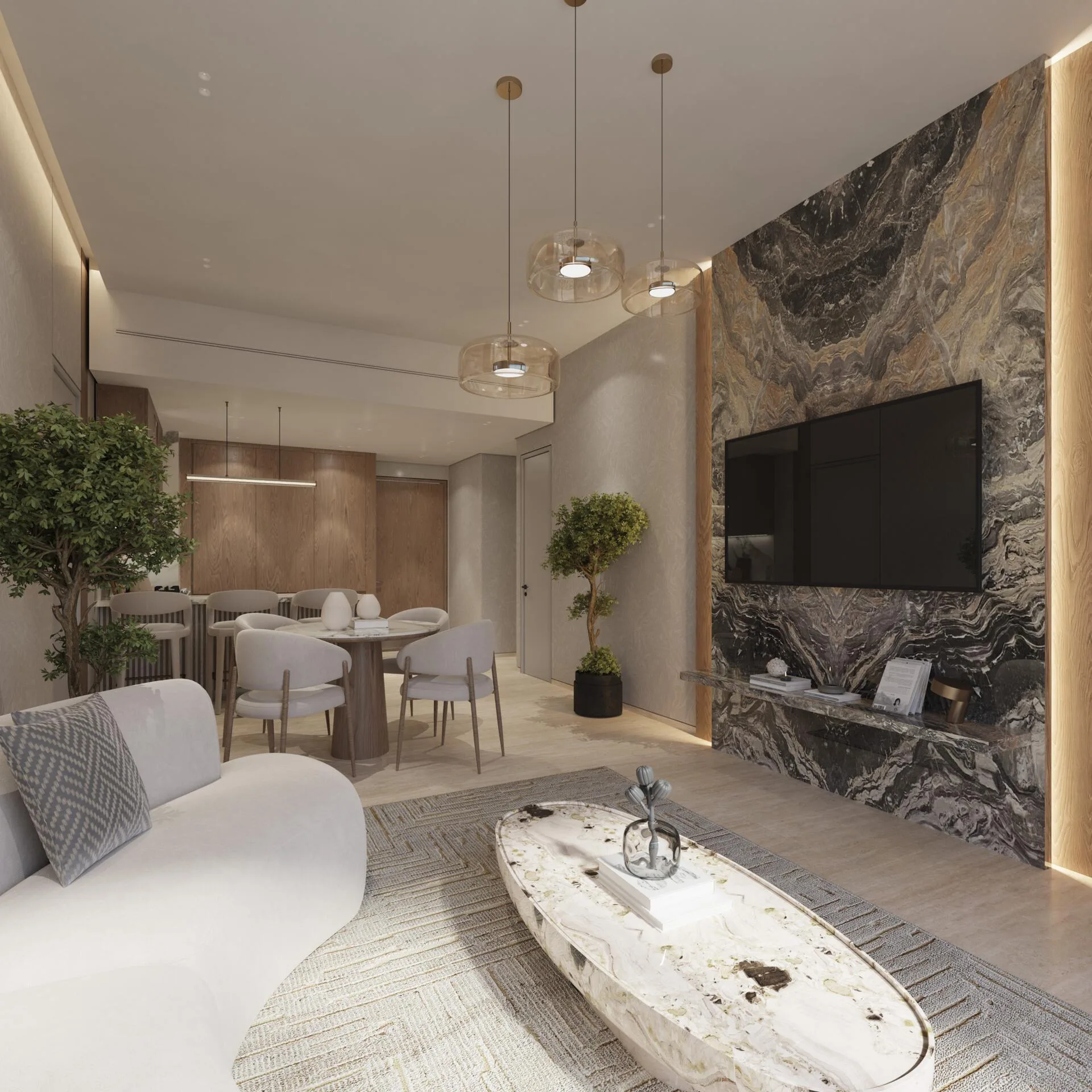Гостиная с каменной стеной в квартире Mayfair Nexus