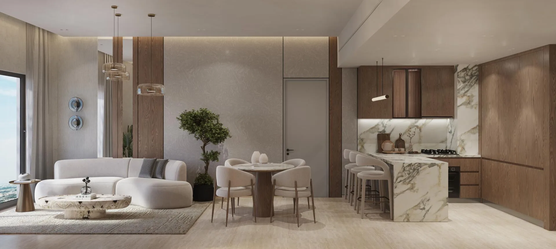 Гостиная с кухней и обеденной зоной в квартире Mayfair Nexus