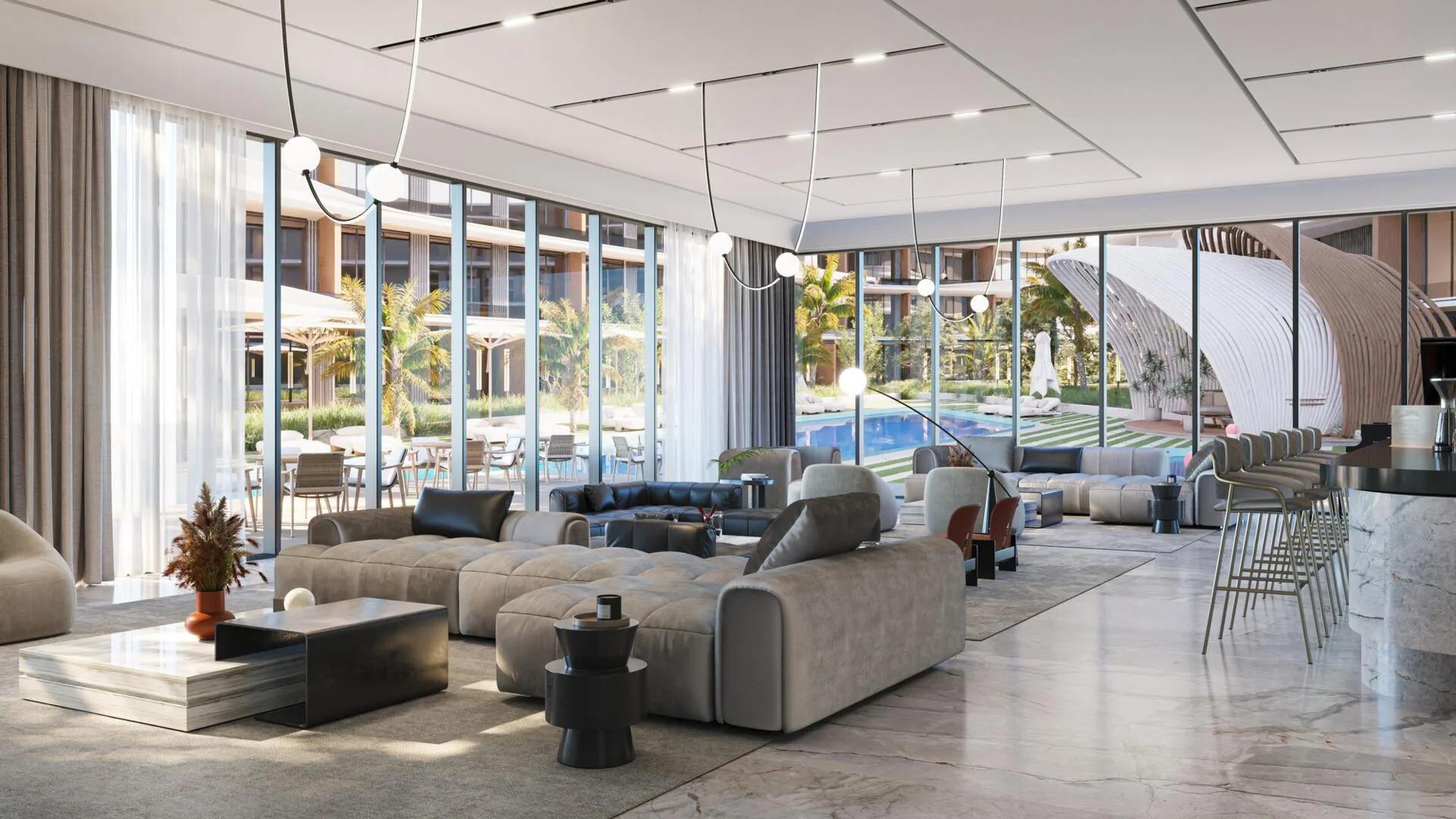 Лаунж для жильцов Mayfair Nexus с окнами на бассейн