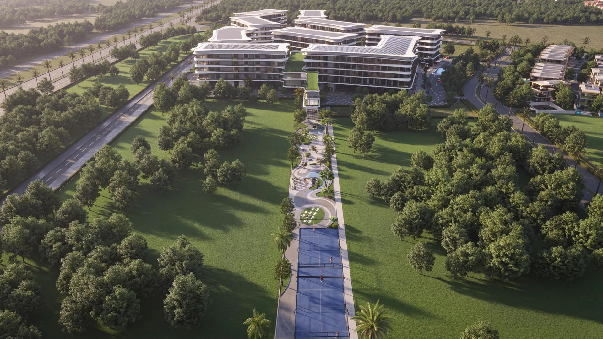 Mayfair Nexus сверху: корпуса среди зелени и аллея с кортами для падела