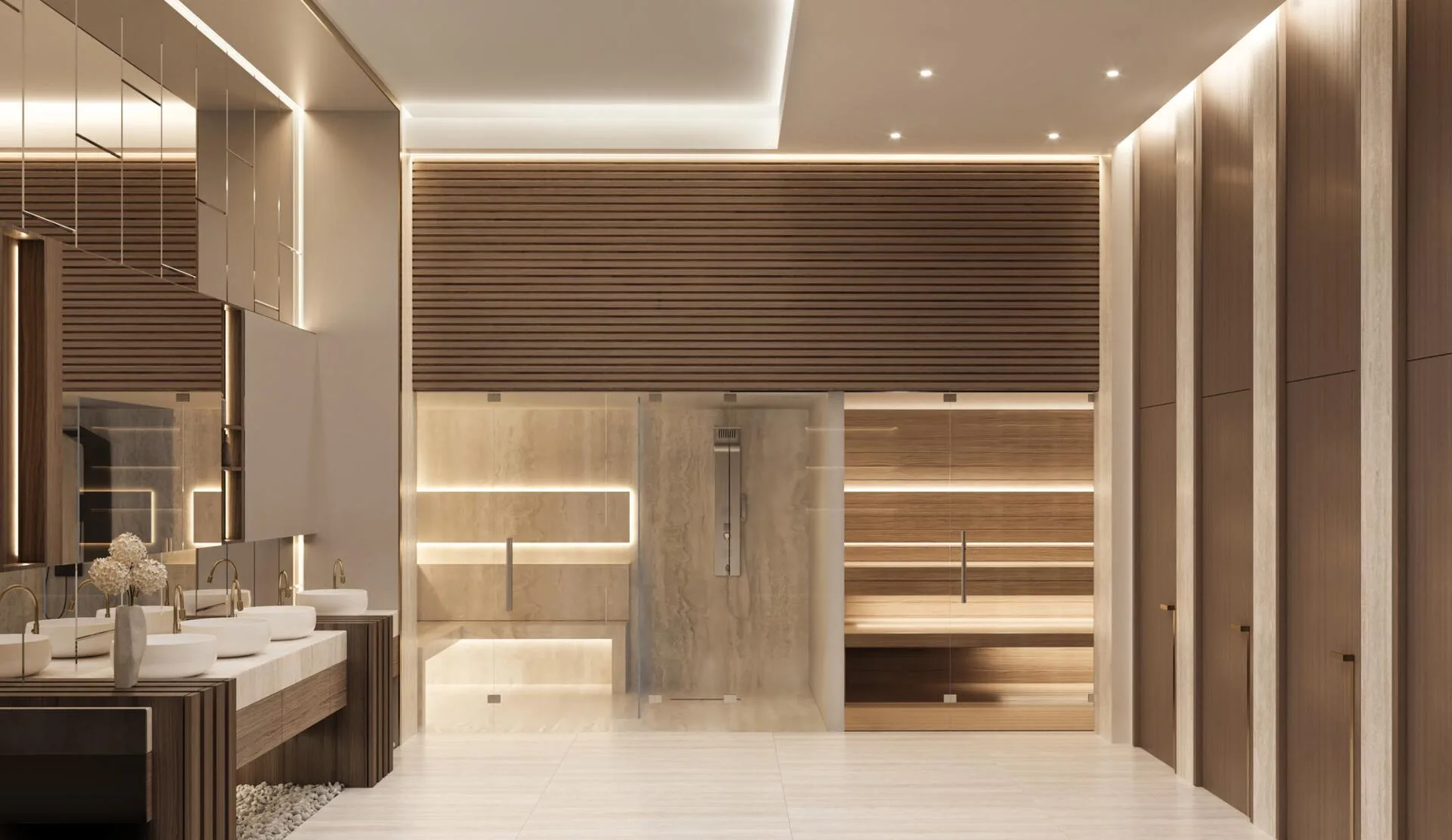 Спа Mayfair Nexus: сауна и душевые в дереве и камне