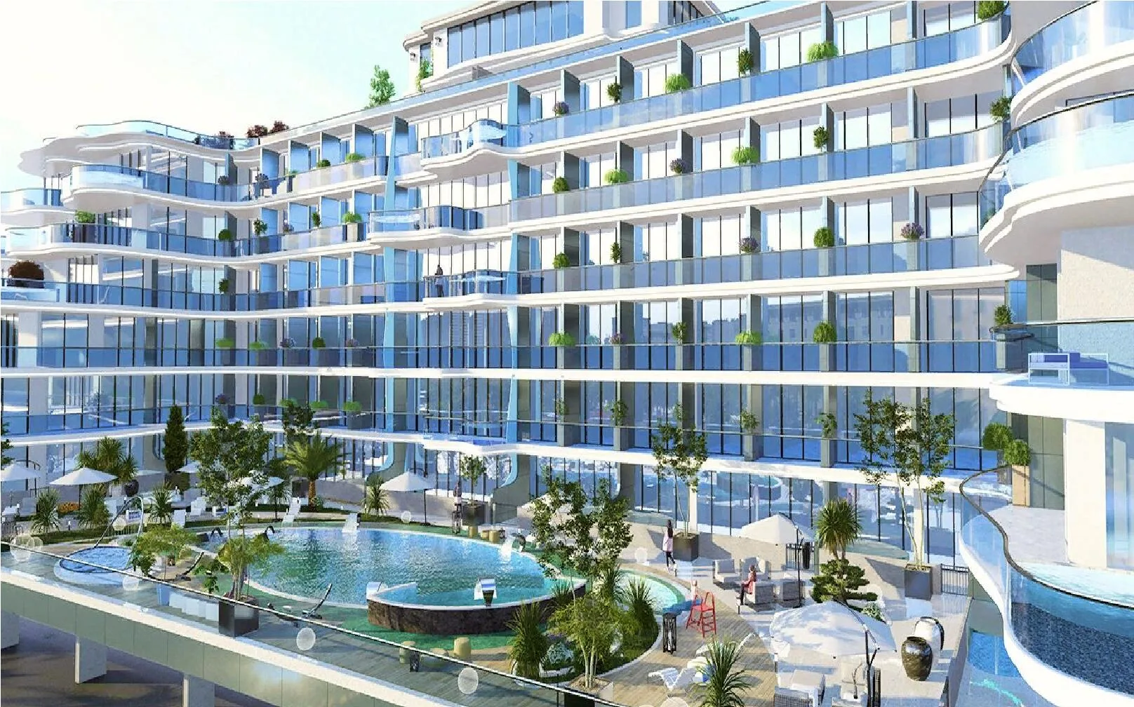 Двор Miami: бассейн среди деревьев и шезлонгов