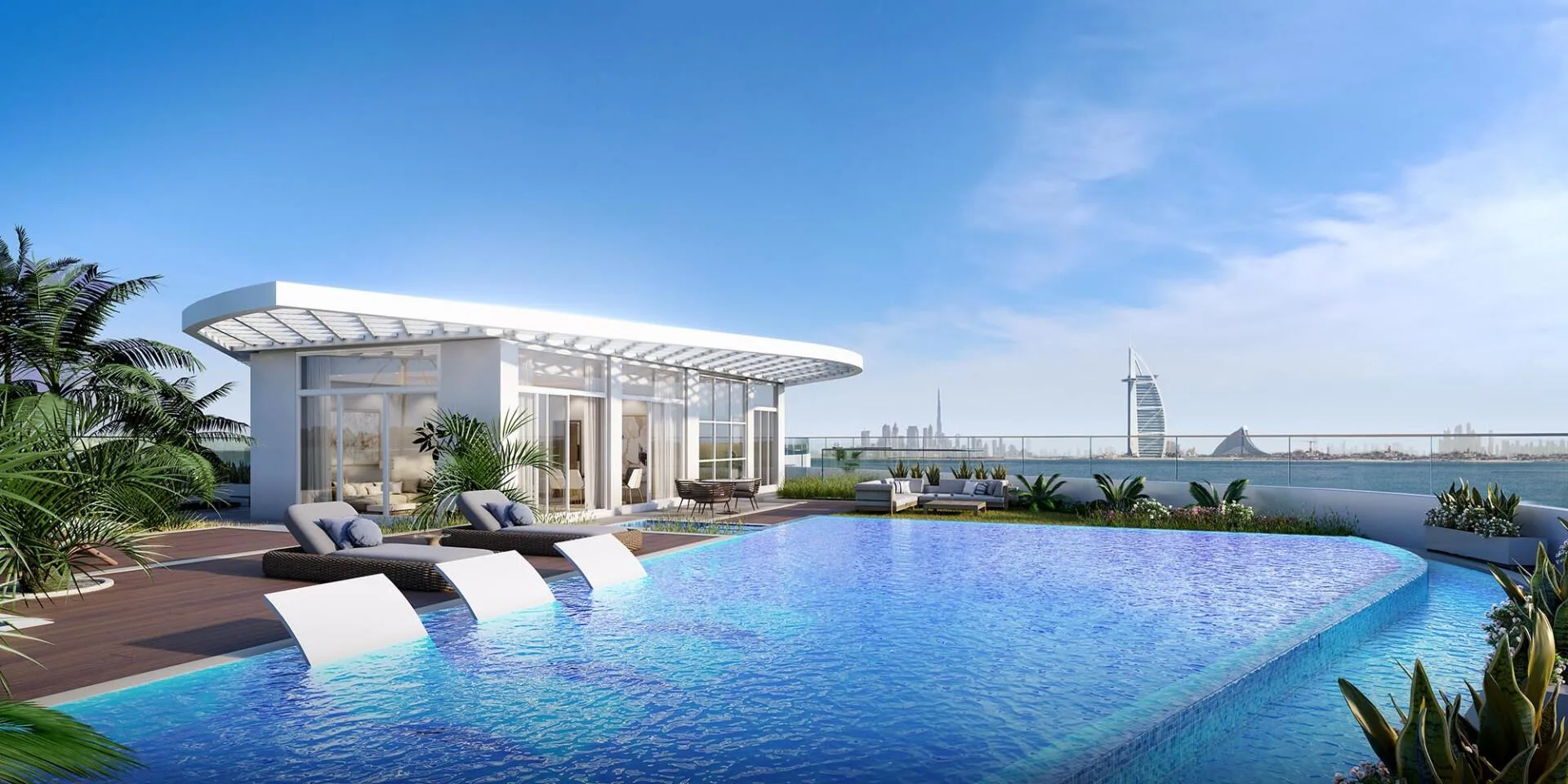 Бассейн на верхнем этаже Mina и Burj Al Arab на горизонте