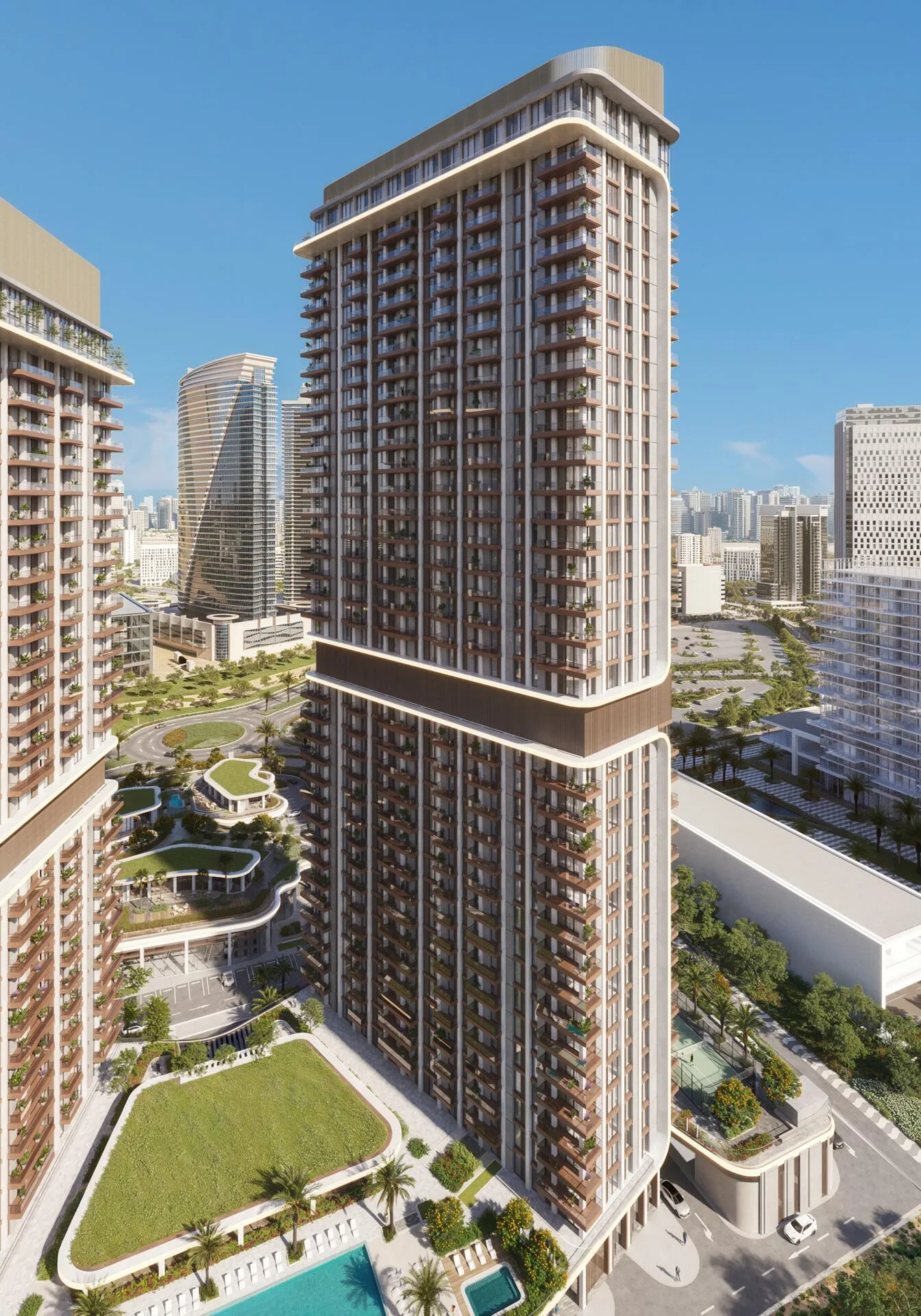 Башня Mirdad Towers и сад на подиуме