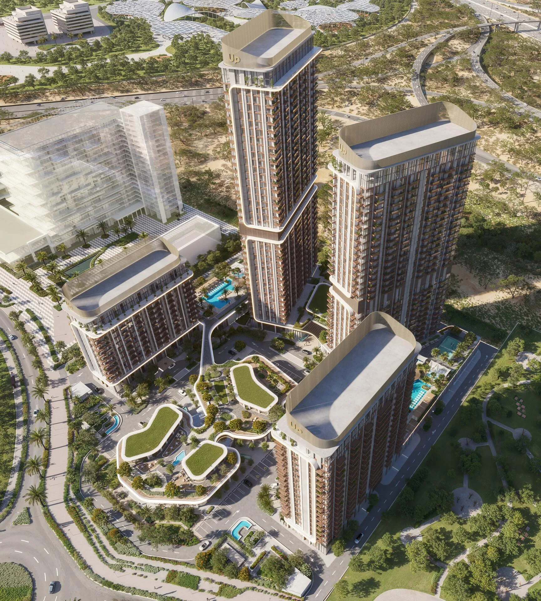 Квартал Mirdad Towers сверху: башни, бассейн и сады на подиуме