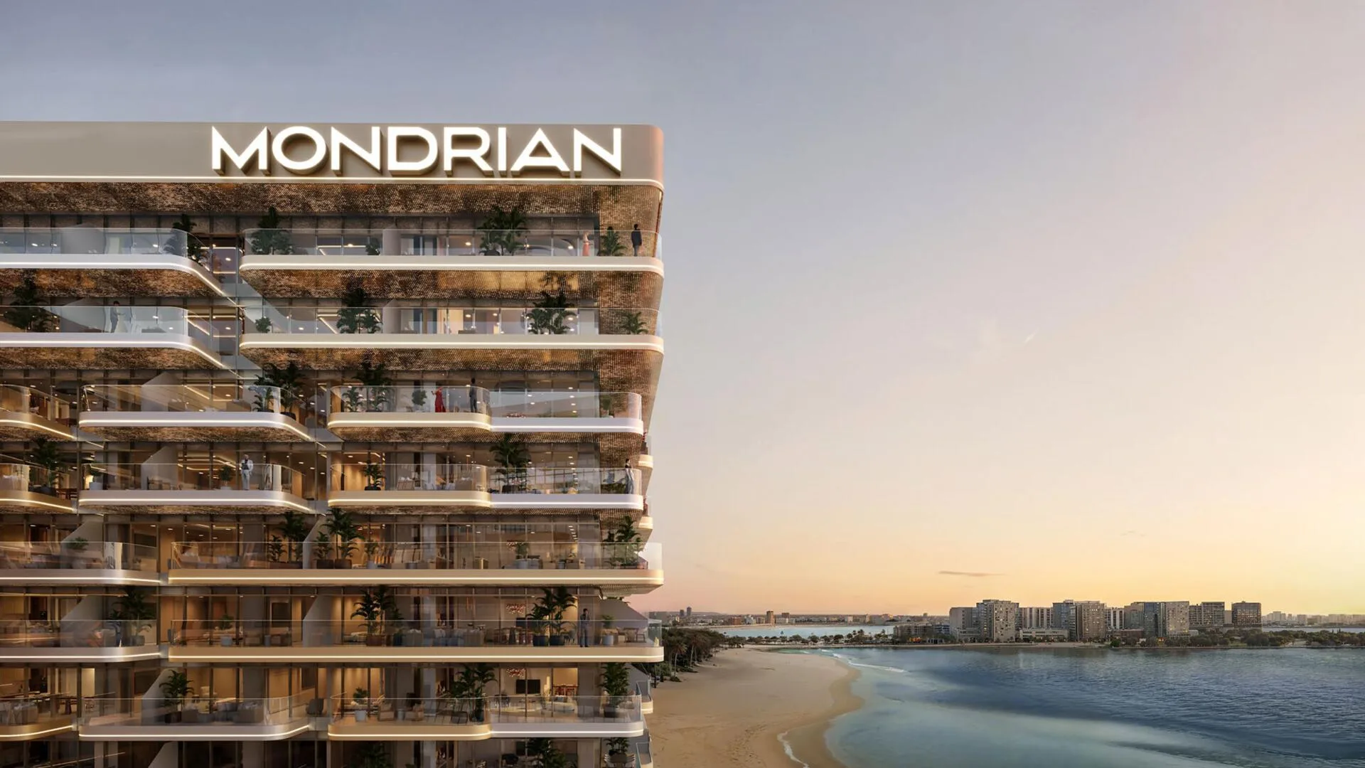 Угол фасада Mondrian, за ним берег и вечернее море