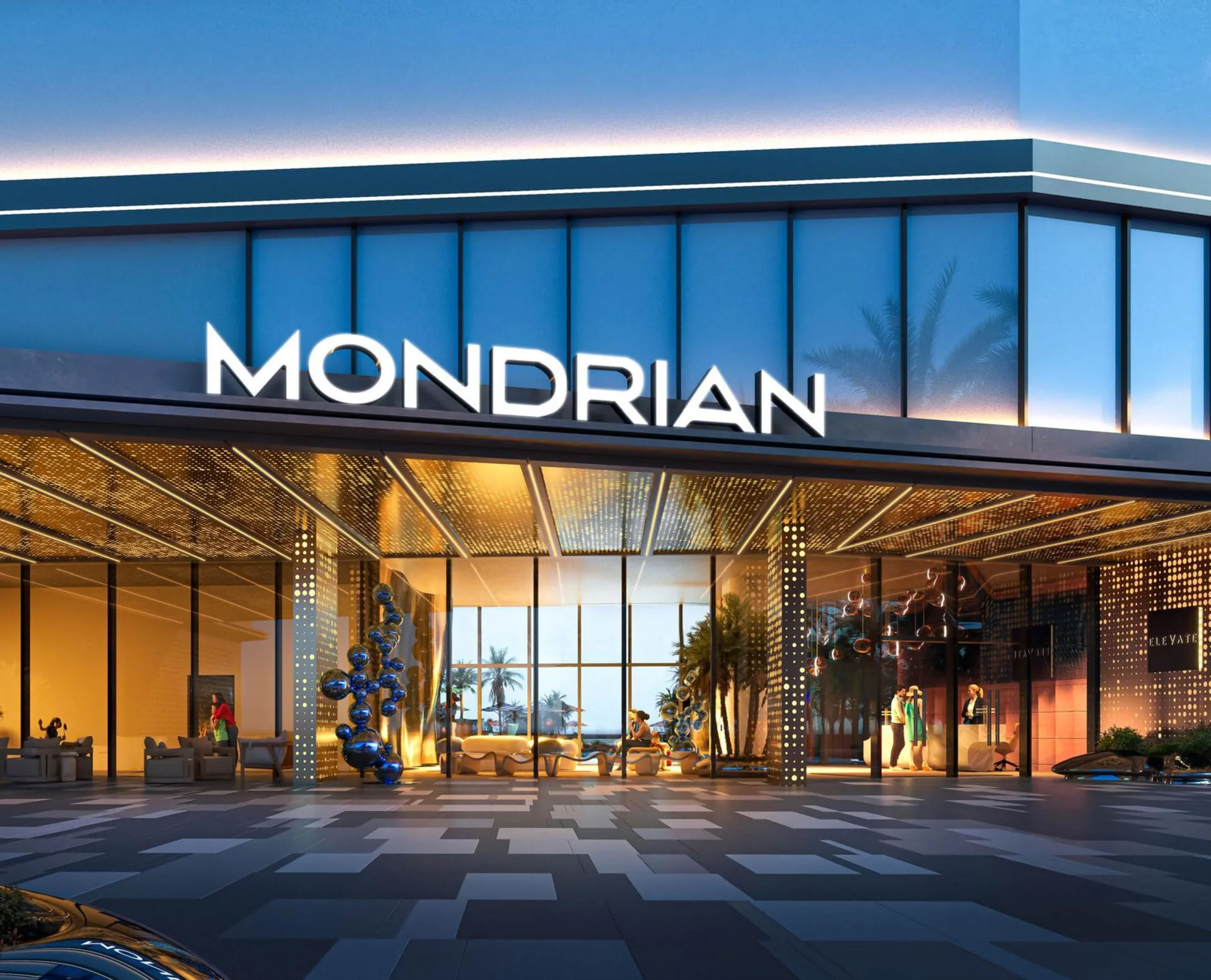 Вход в дом Mondrian вечером