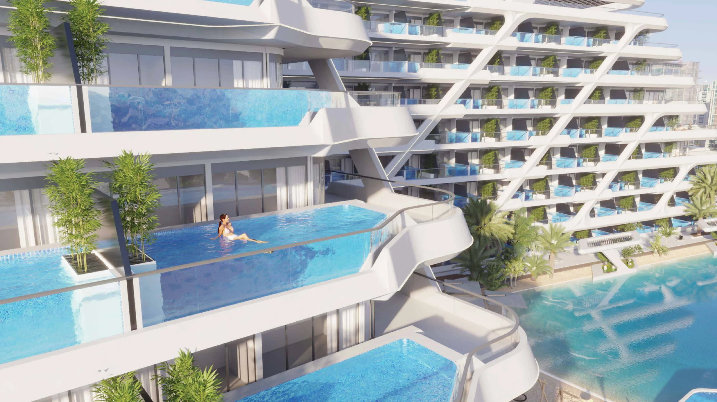 Бассейны на балконах квартир Mykonos Signature, внизу общий двор
