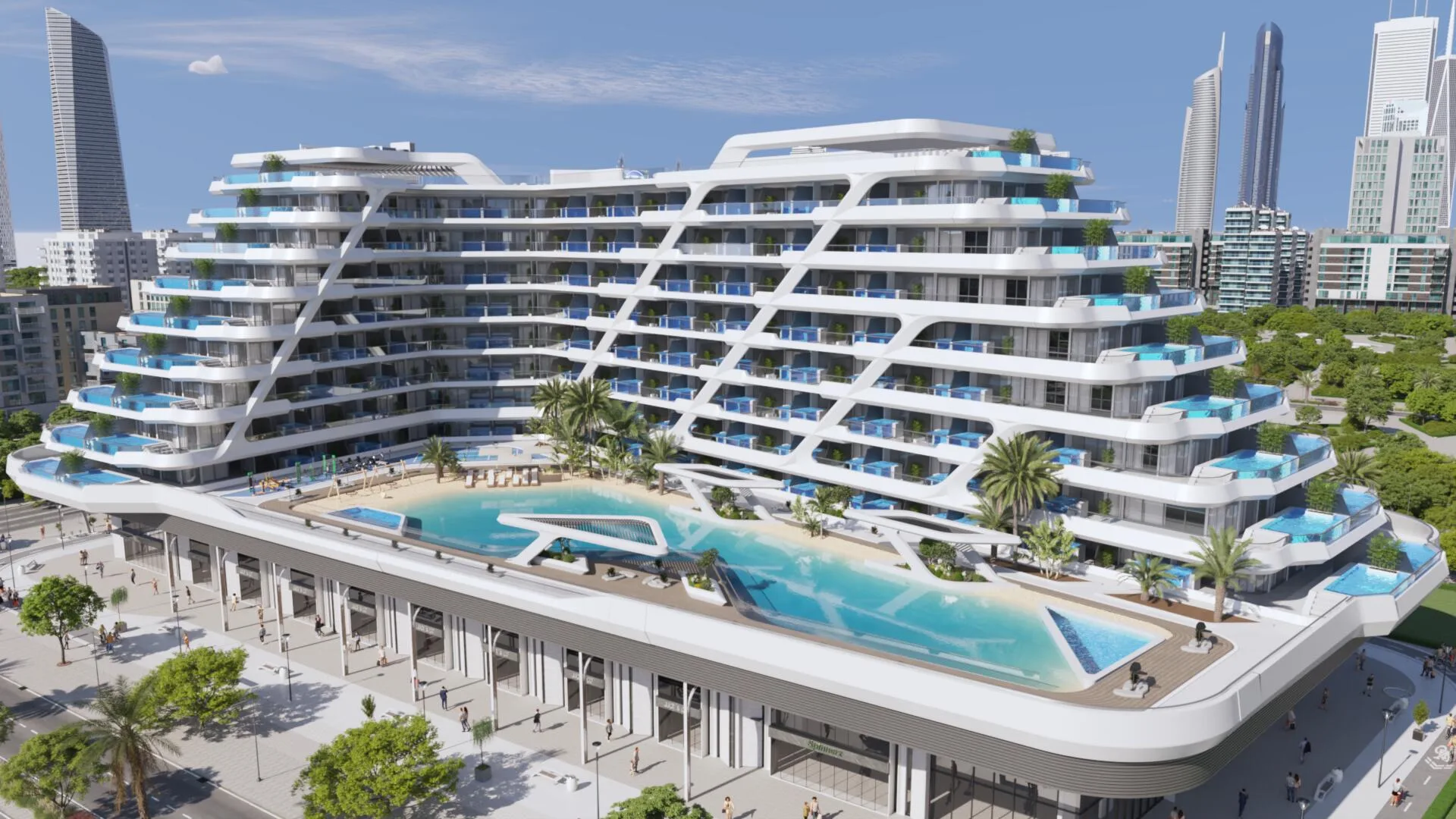 Двор Mykonos Signature с высоты: бассейн на подиуме и балконы с бассейнами