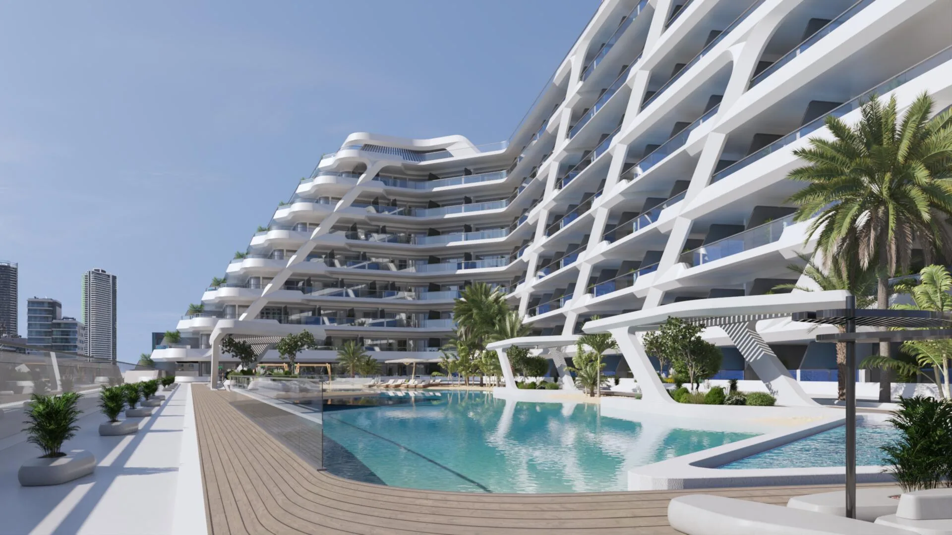 Настил с лежаками у бассейна во дворе Mykonos Signature