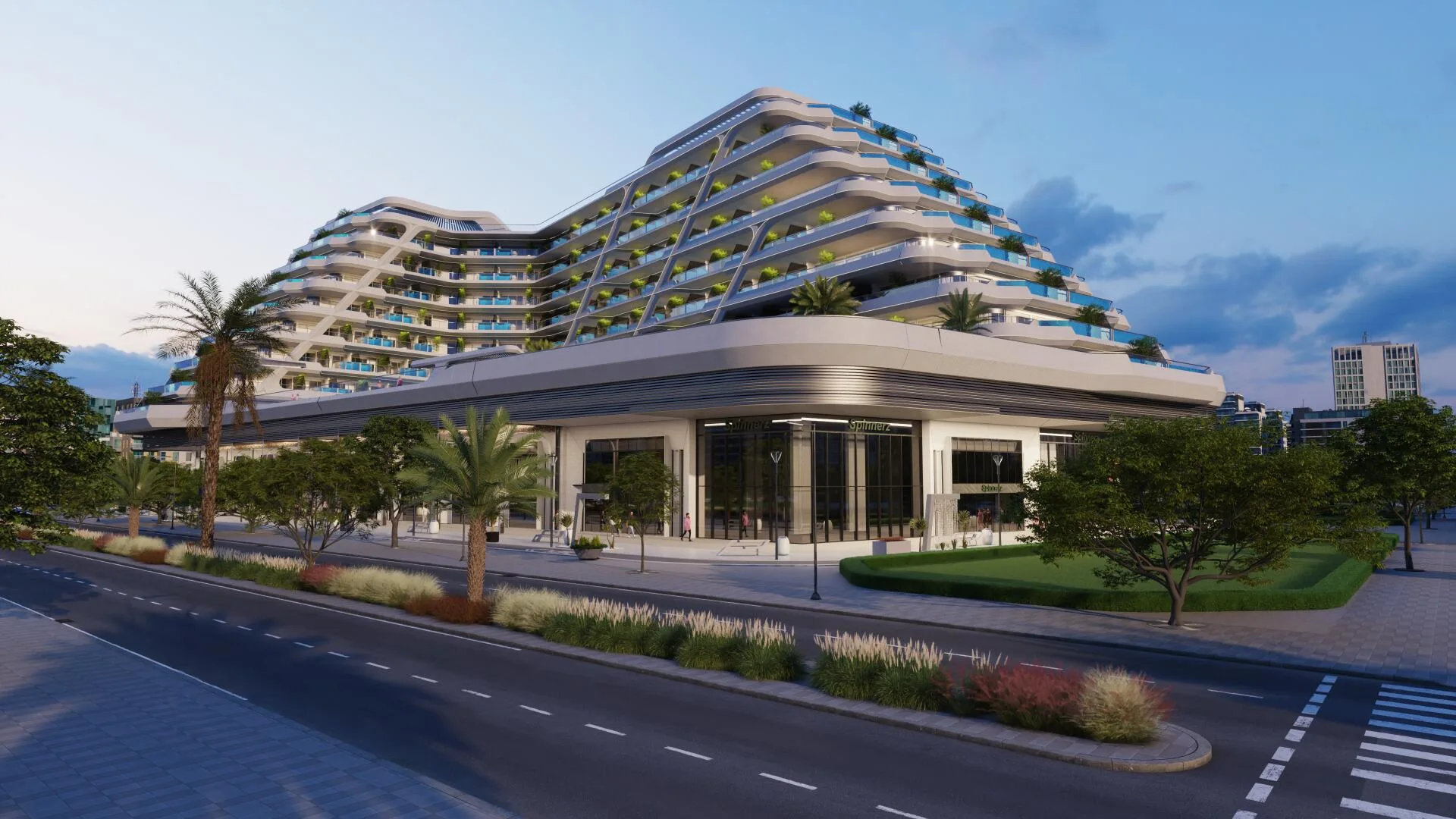 Угол дома Mykonos Signature вечером