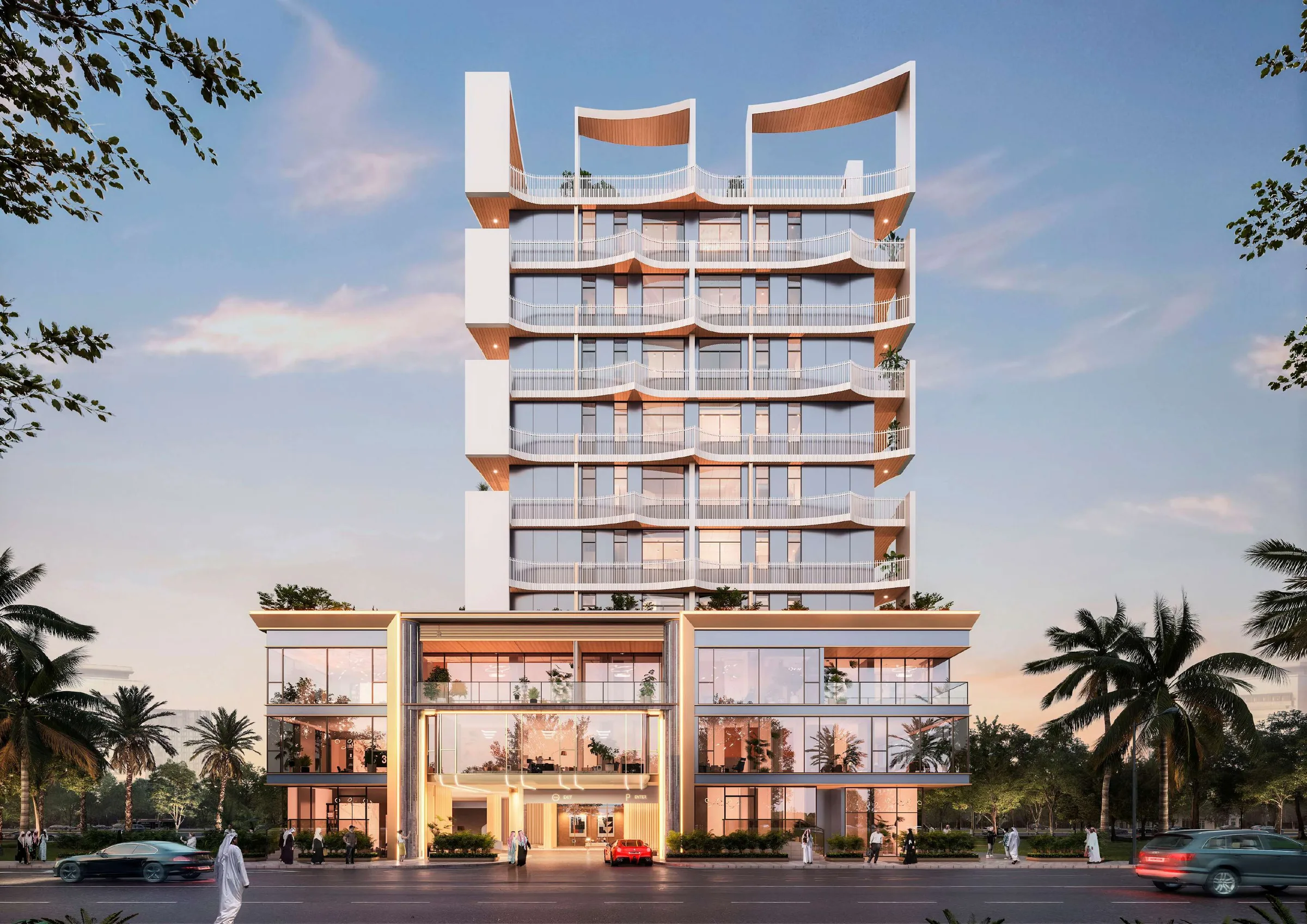 Nautis Residences вечером: балконы-волны над улицей