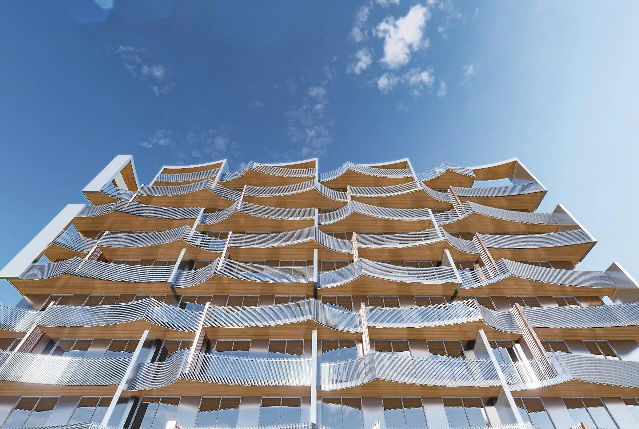 Изогнутые балконы Nautis Residences крупным планом