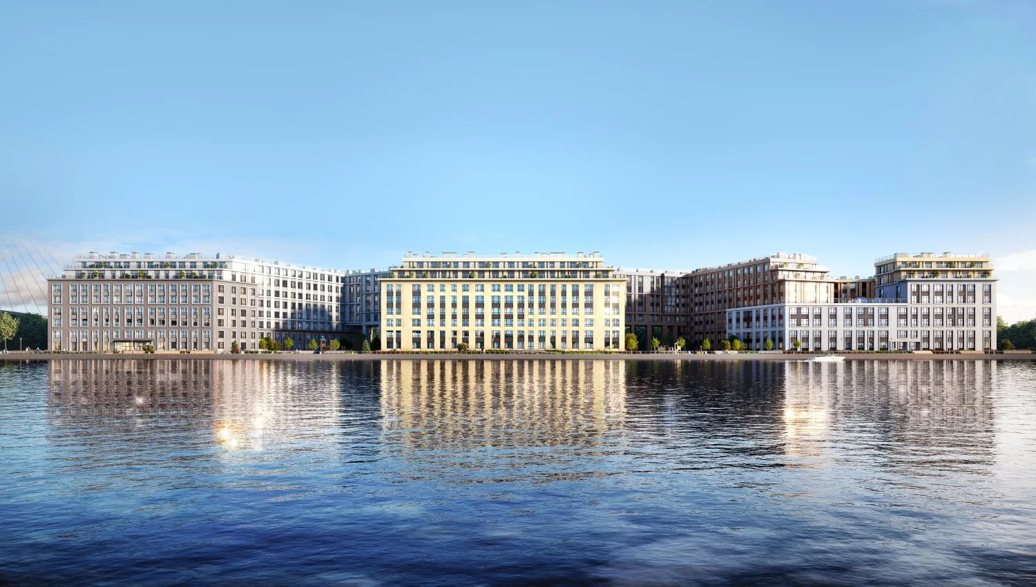 Neva Residence с воды, проектный рисунок: светлые дома разной высоты вдоль набережной, фасады отражаются в Малой Неве