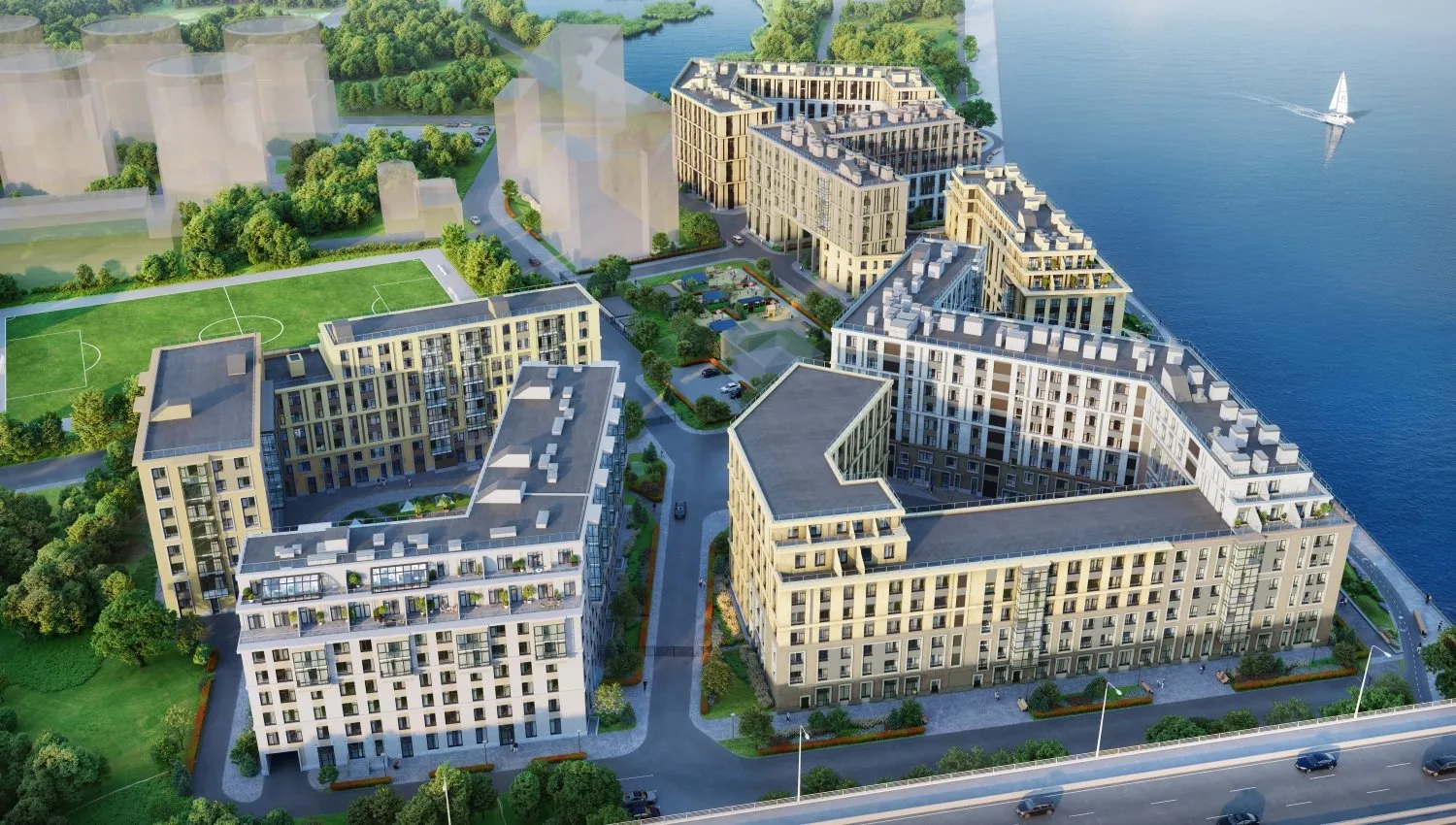 Neva Residence сверху, проектный рисунок: дома разной высоты вдоль Малой Невы, дворы между корпусами, рядом зелень парка