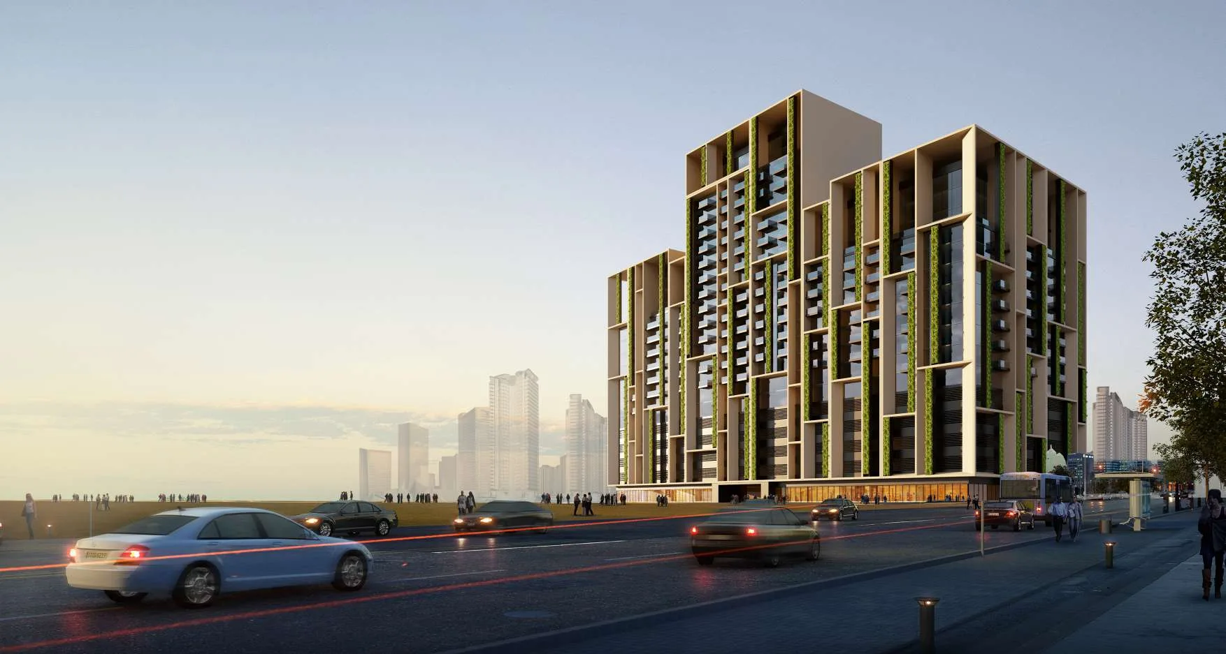 Neva Residences в сумерках на фоне города