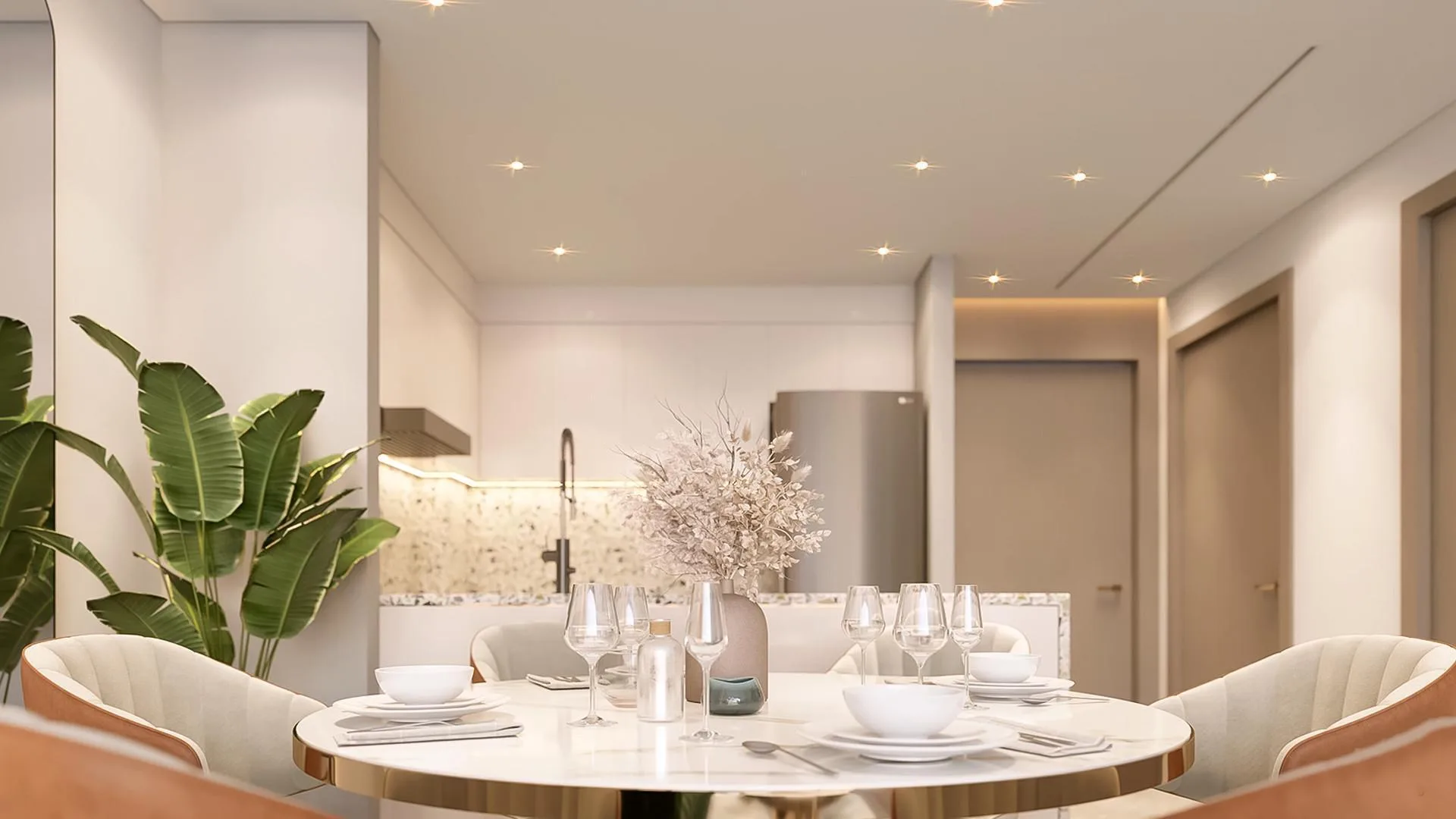 Столовая зона и кухня в квартире Neva Residences