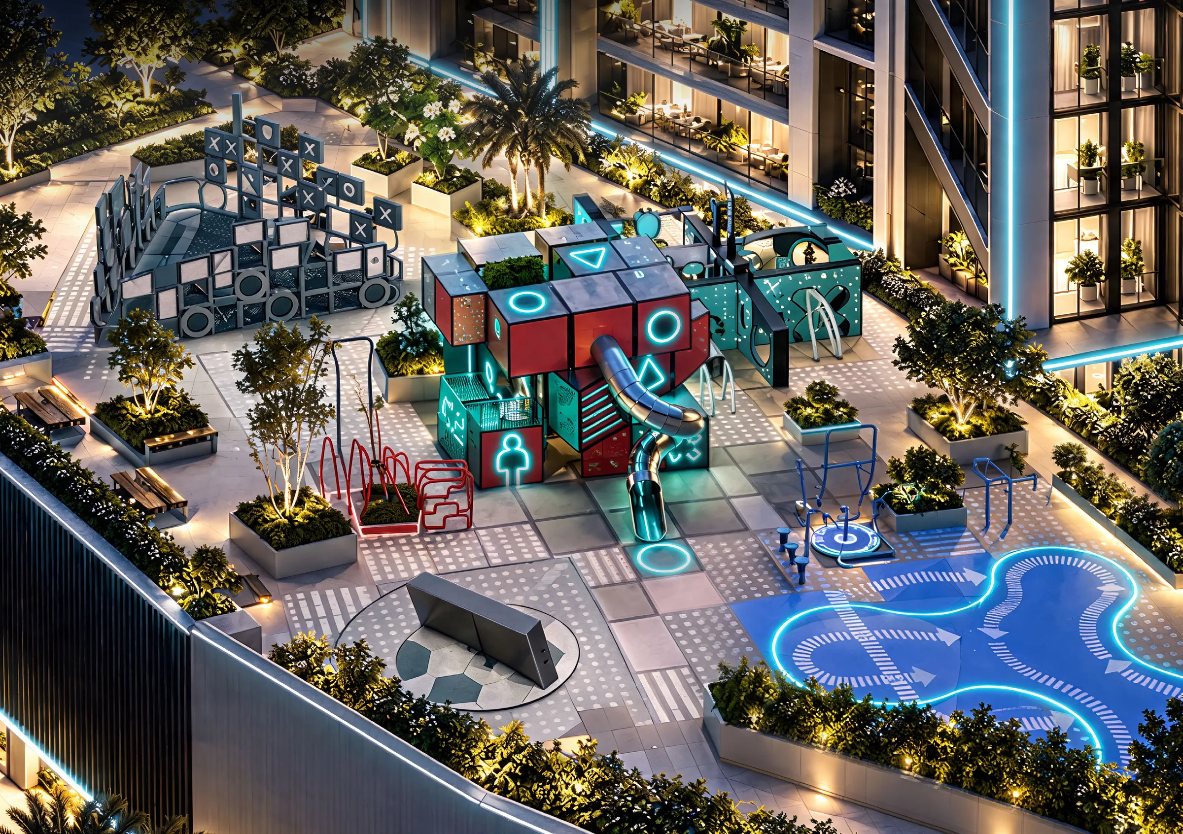 Детская игровая площадка с горкой и подсвеченным покрытием вечером