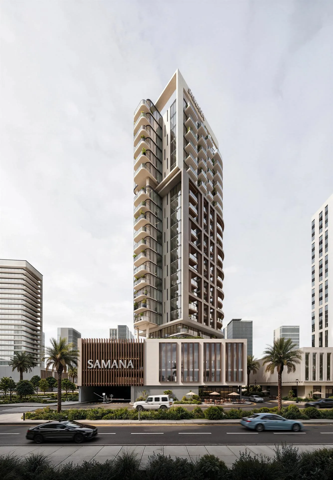 Башня Samana Downtown One и въезд с улицы под облачным небом