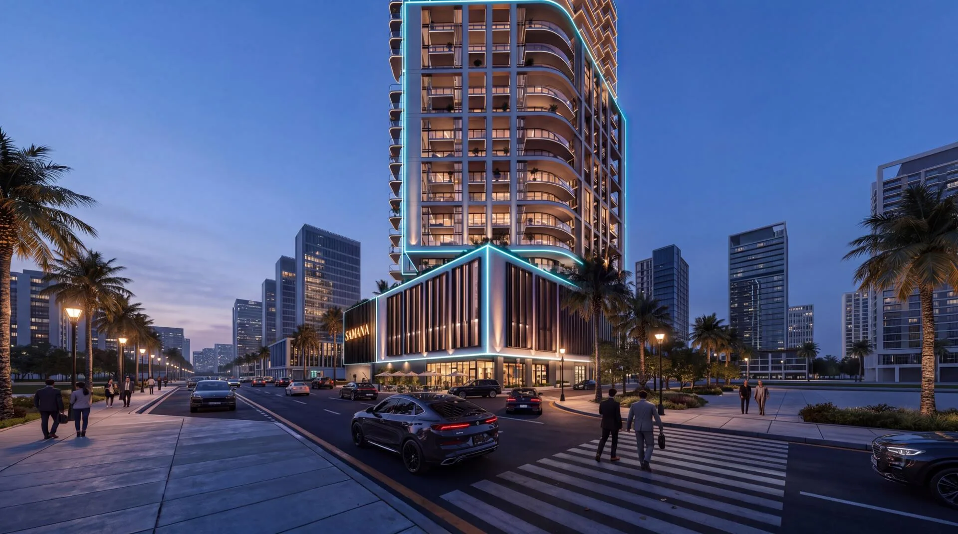 Вечерняя улица у подиума Samana Downtown One, пешеходный переход и пальмы
