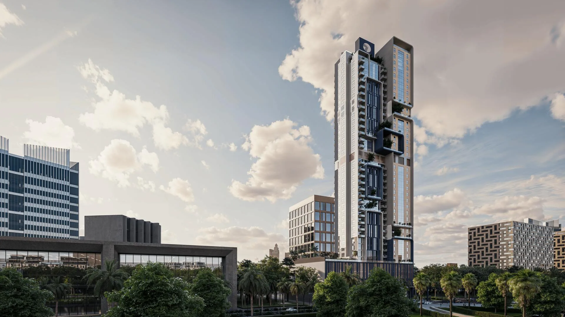 Башня Nexara Tower днём над кронами деревьев