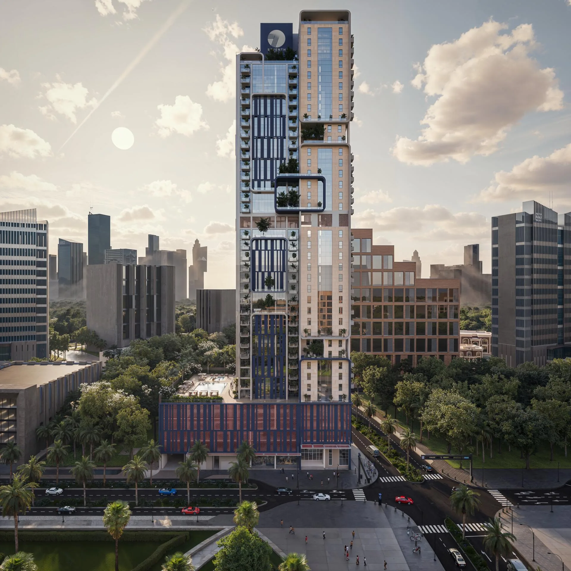 Башня Nexara Tower среди зелени Jumeirah Village Circle