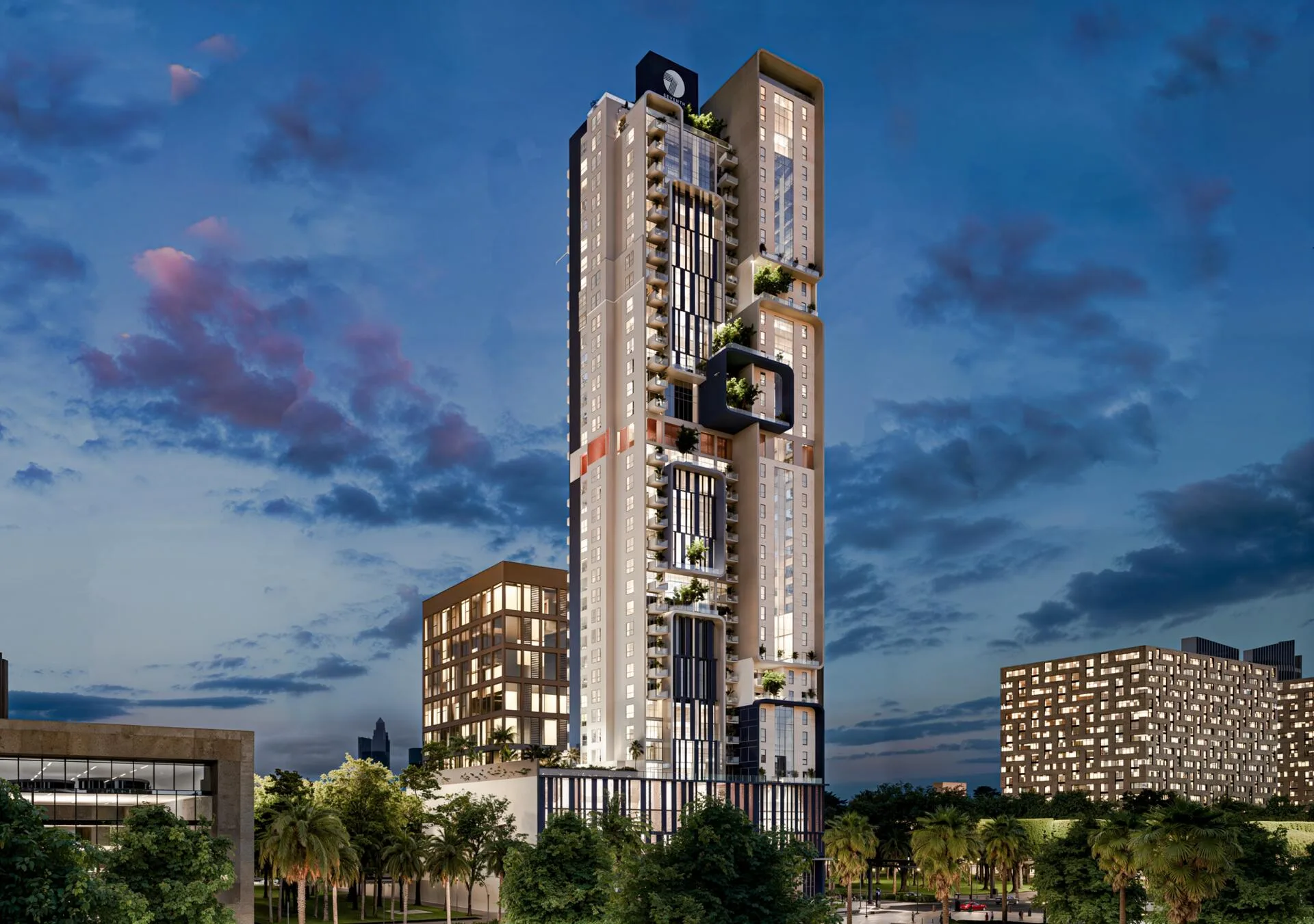 Nexara Tower вечером с подсветкой фасада