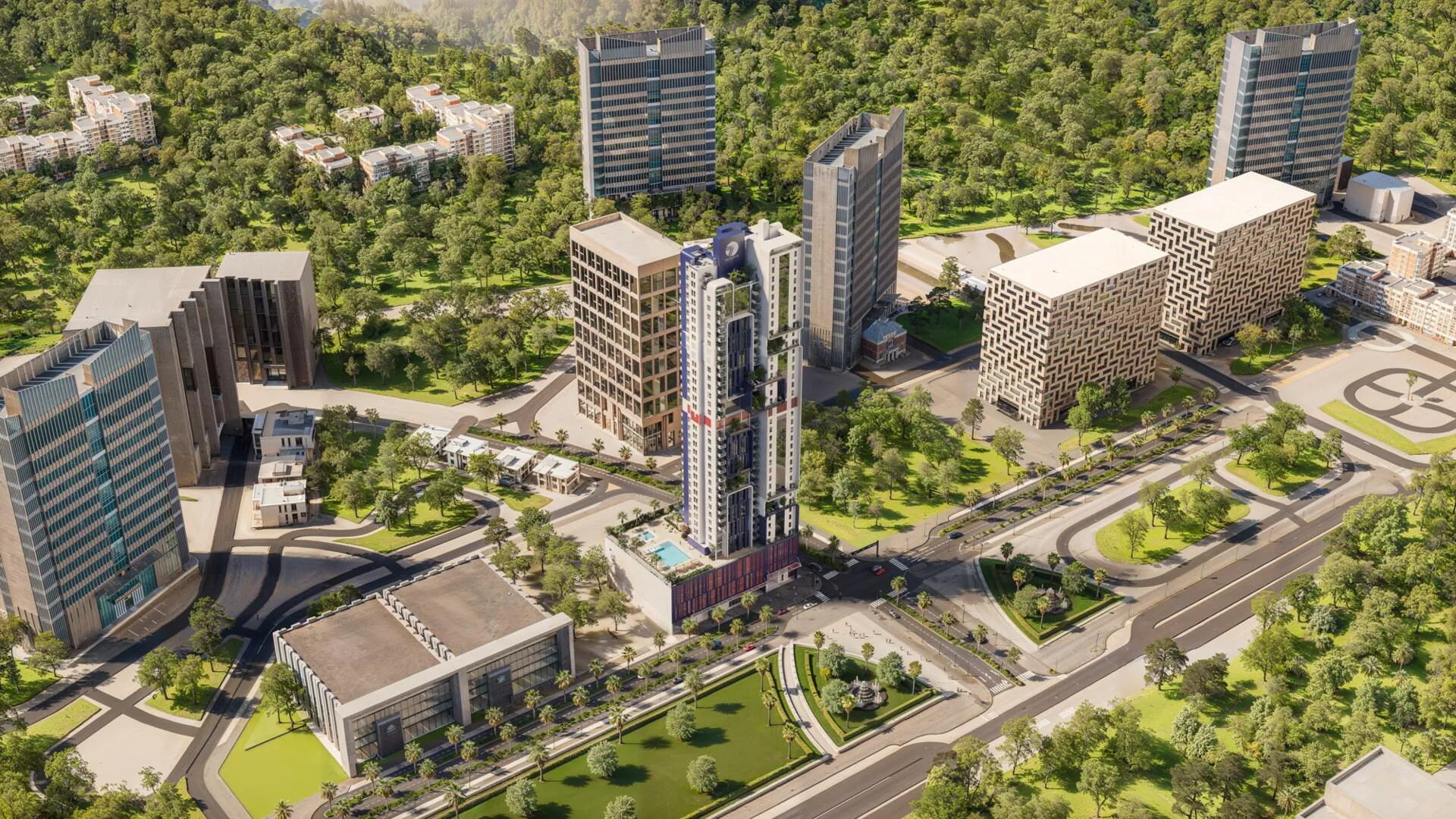 Nexara Tower с высоты среди зелени Jumeirah Village Circle