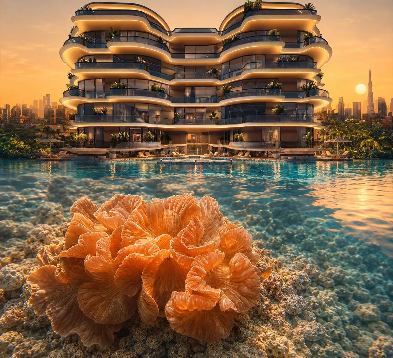 Next Coral на закате: бассейн и коралл на переднем плане