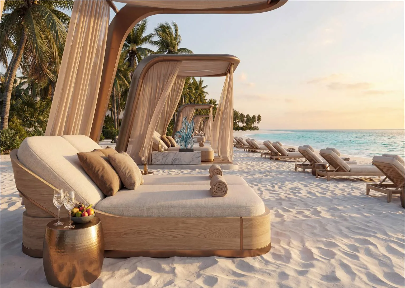 Пляжные кабаны у воды на Dubai Islands