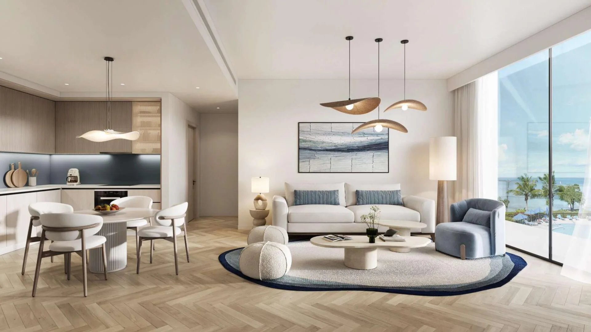 Гостиная с кухней и столовой в квартире Nikki Beach Residences