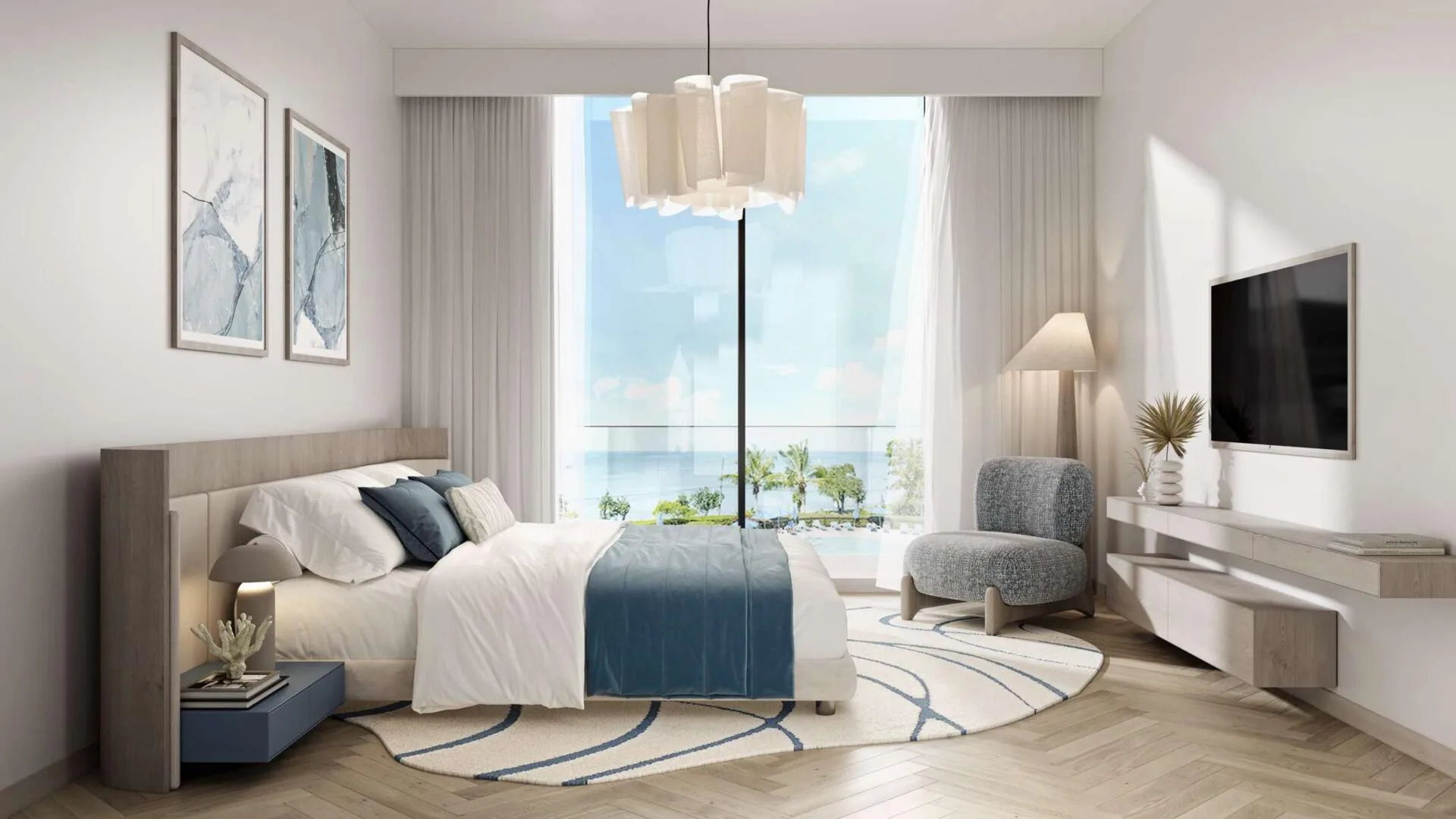 Спальня с окном на море в квартире Nikki Beach Residences