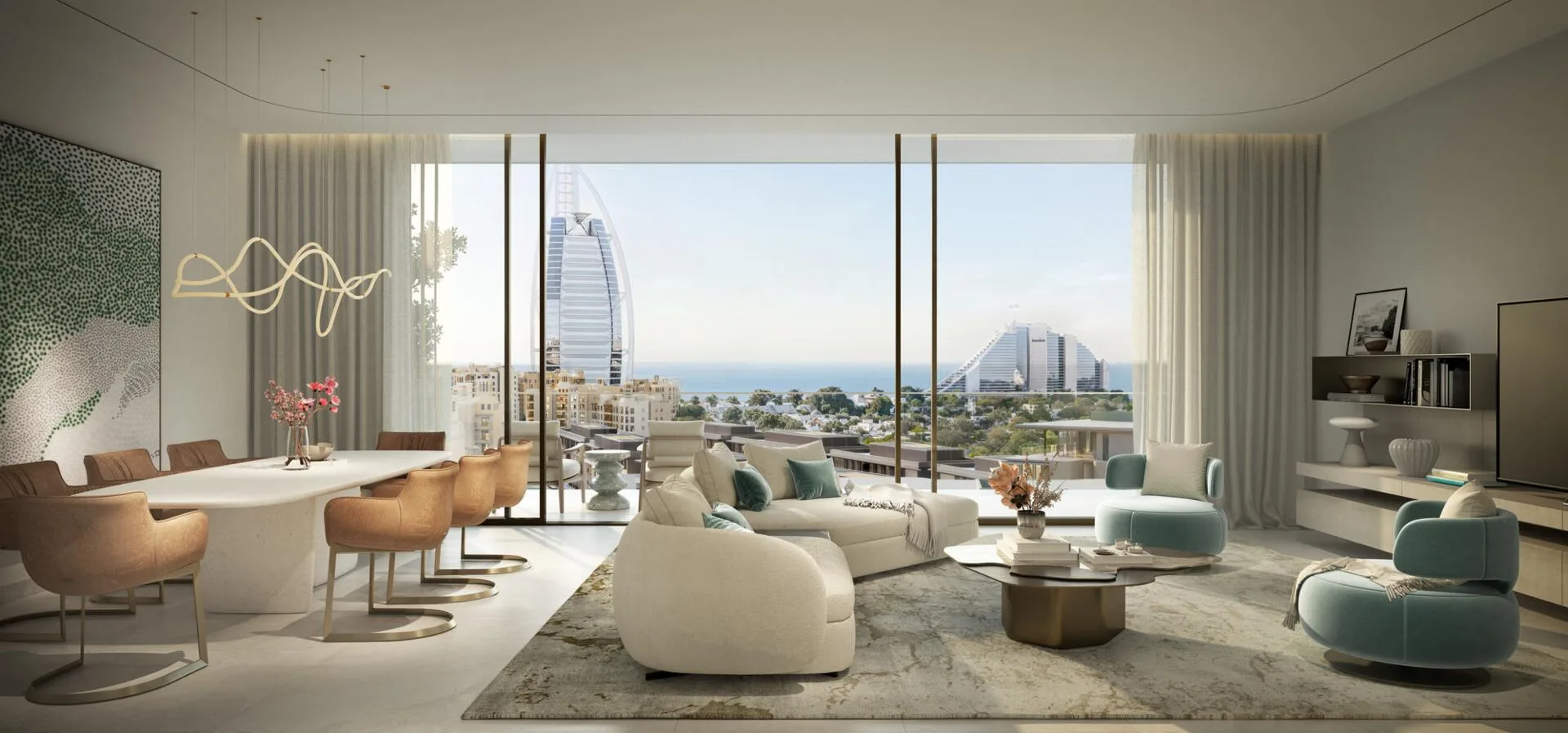 Гостиная квартиры с тремя спальнями и видом на Burj Al Arab