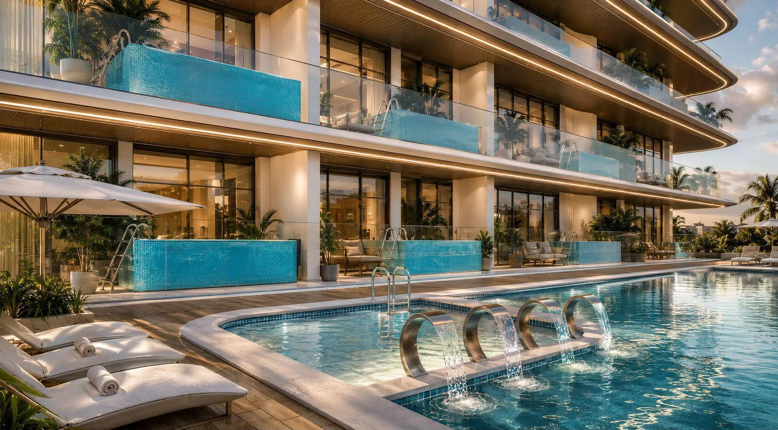 Бассейн с фонтанами у Ocean Crest вечером
