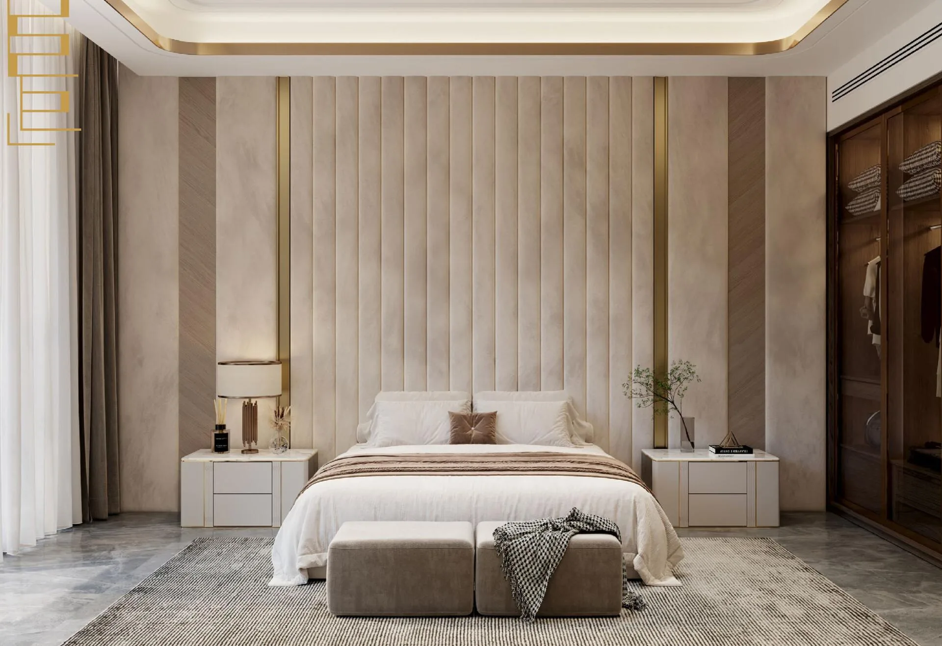 Спальня в квартире Ocean Crest с мягкой стеной у изголовья
