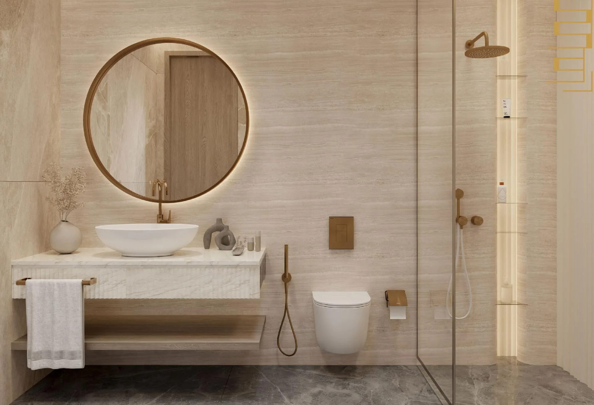 Ванная в квартире Ocean Crest: круглое зеркало и душ за стеклом