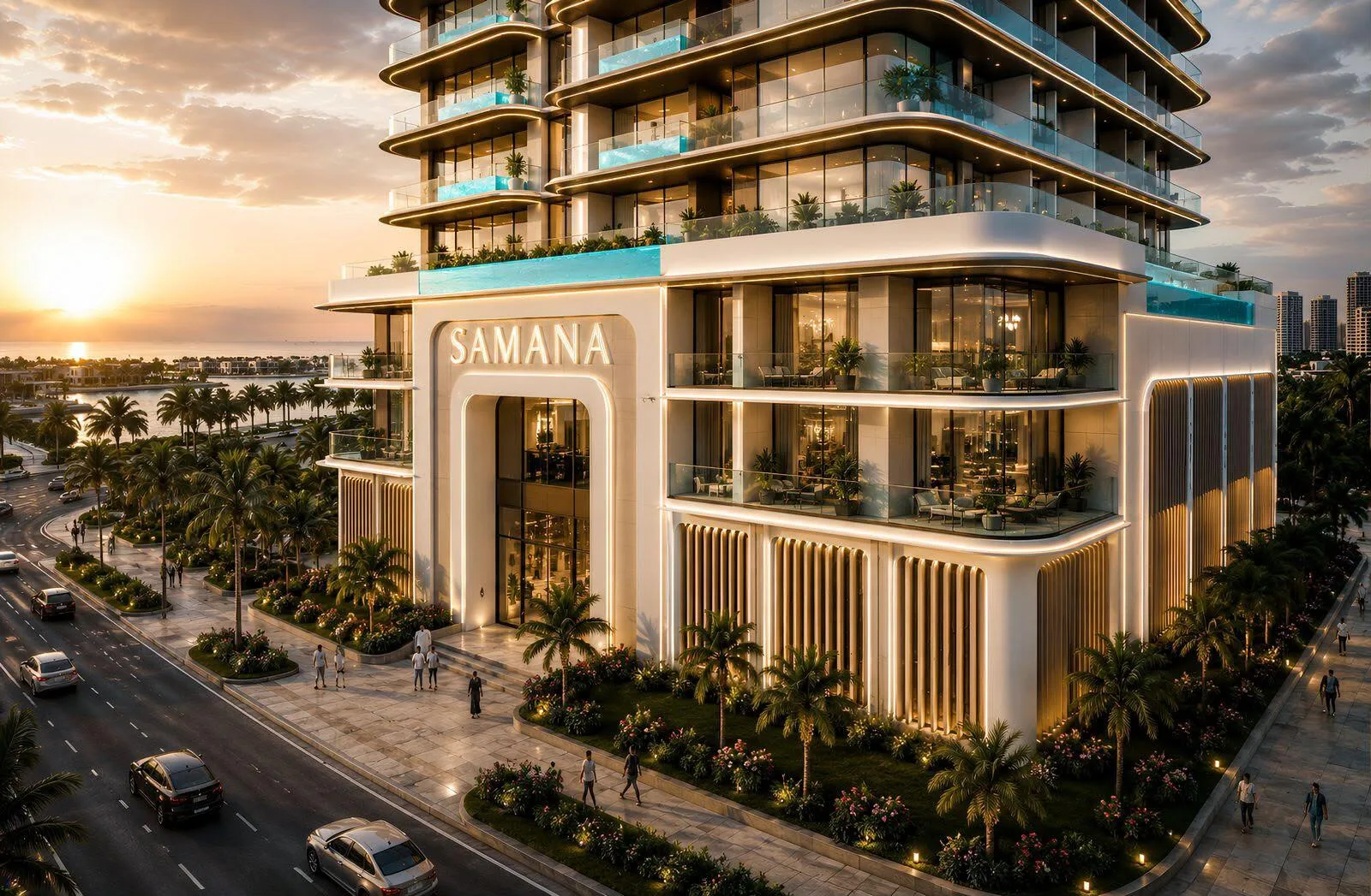 Вход в Ocean Crest: высокая арка с надписью SAMANA и сад вдоль улицы