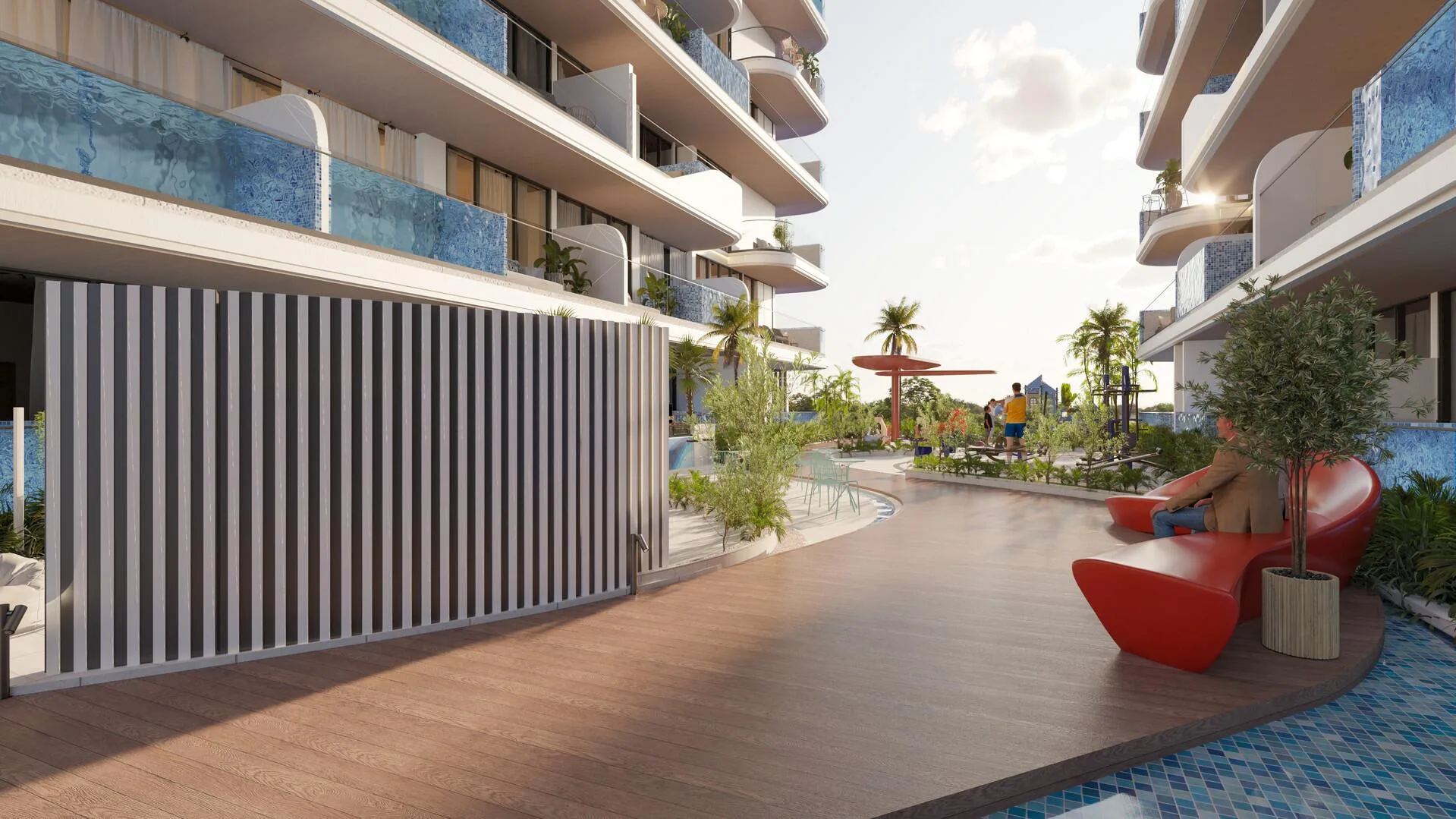 Дорожка во дворе SAMANA Ocean Pearl со скамейками и зеленью
