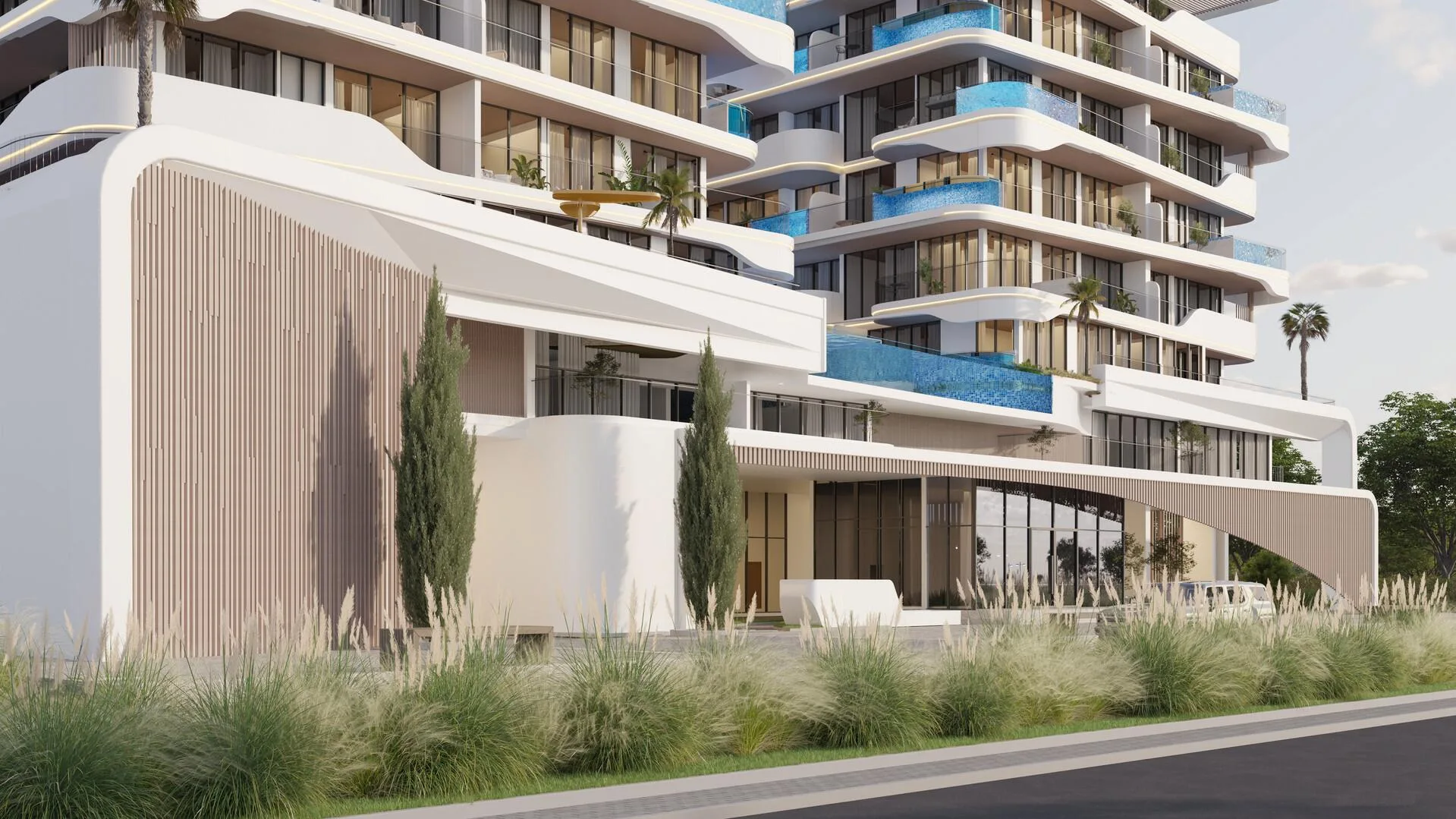 Подиум и вход в SAMANA Ocean Pearl с кипарисами
