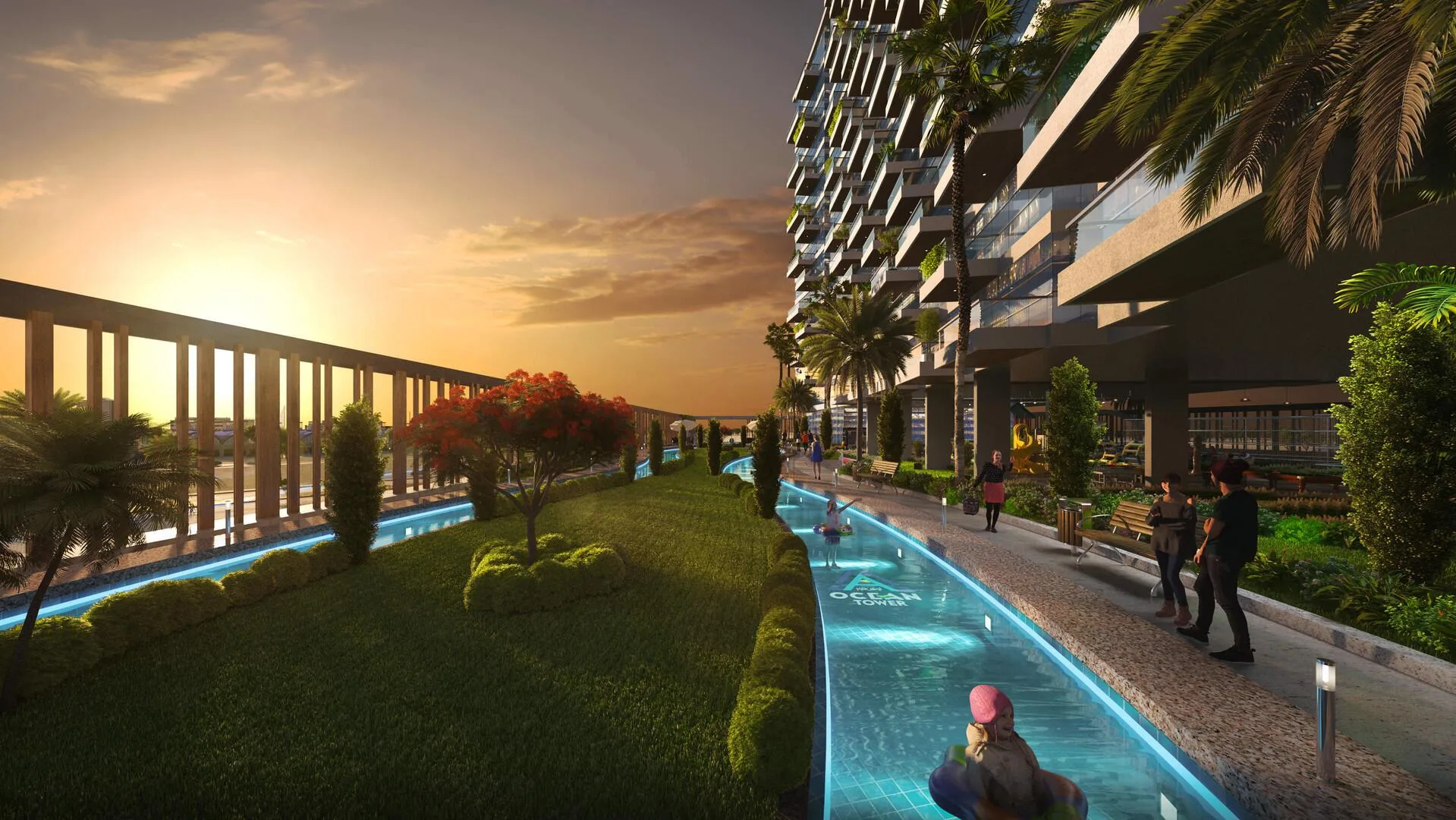 Ленивая река вдоль Ocean Tower на закате