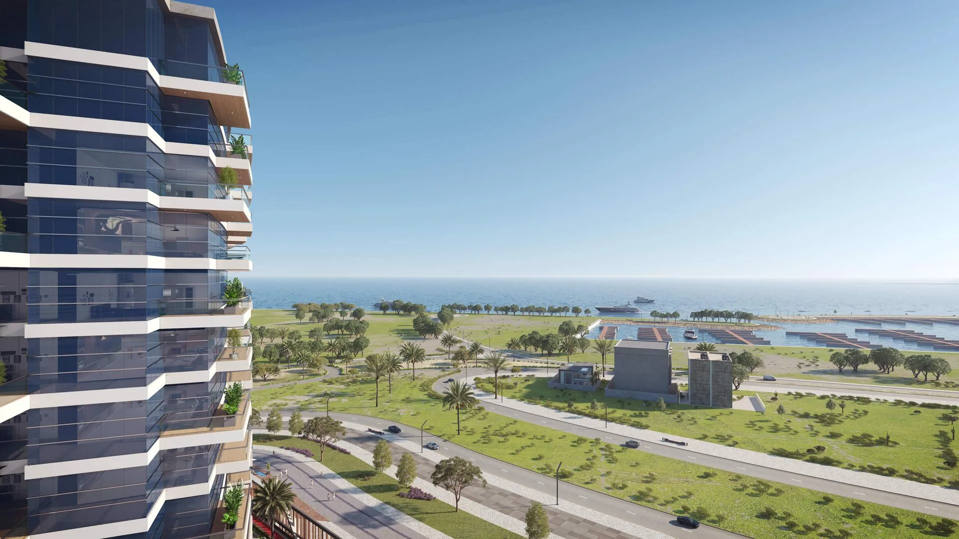Вид с верхних этажей Ocean Tower на марину и море