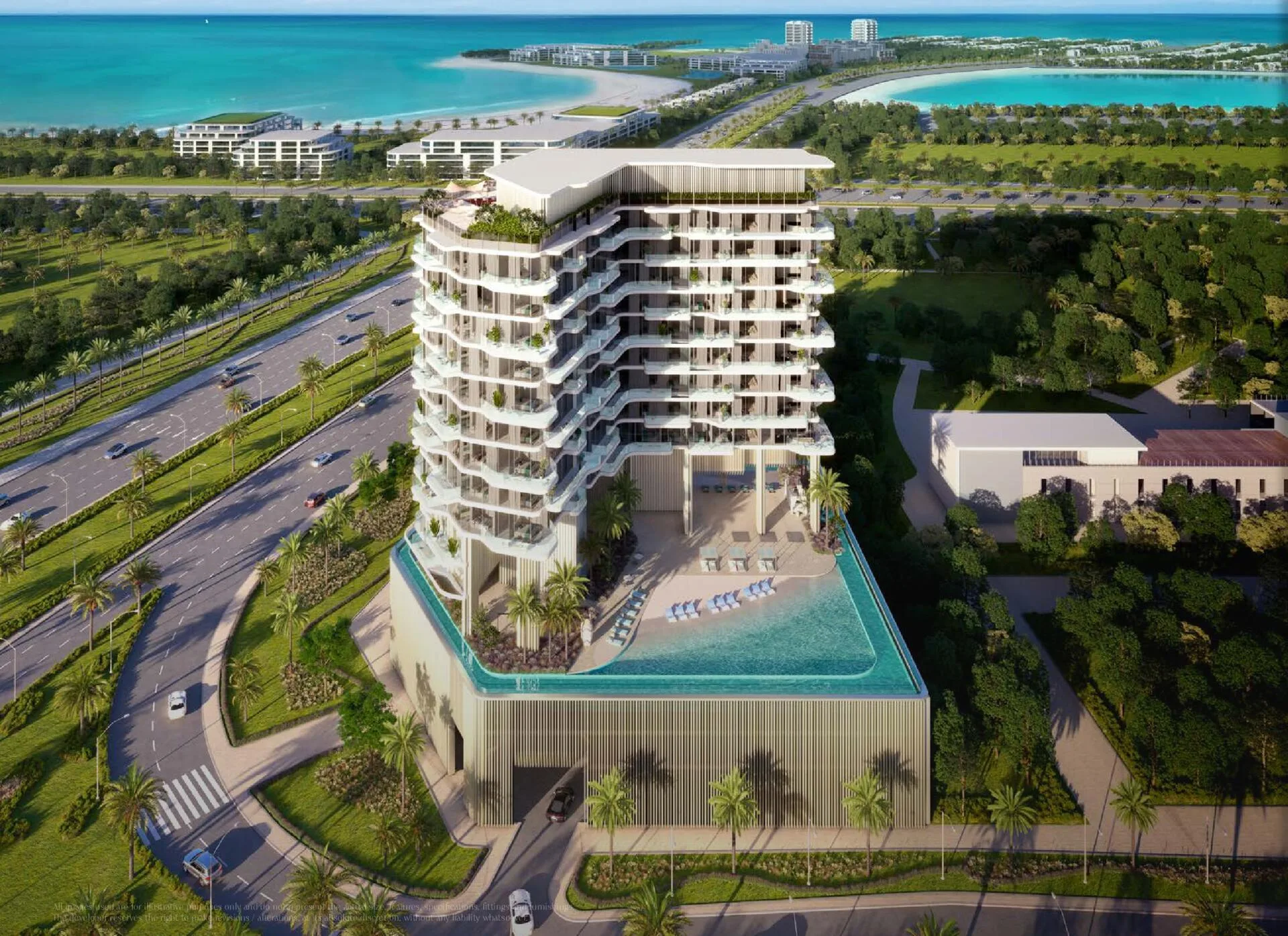 Octa Isle by Missoni с высоты: дом, бассейн на подиуме и море Dubai Islands