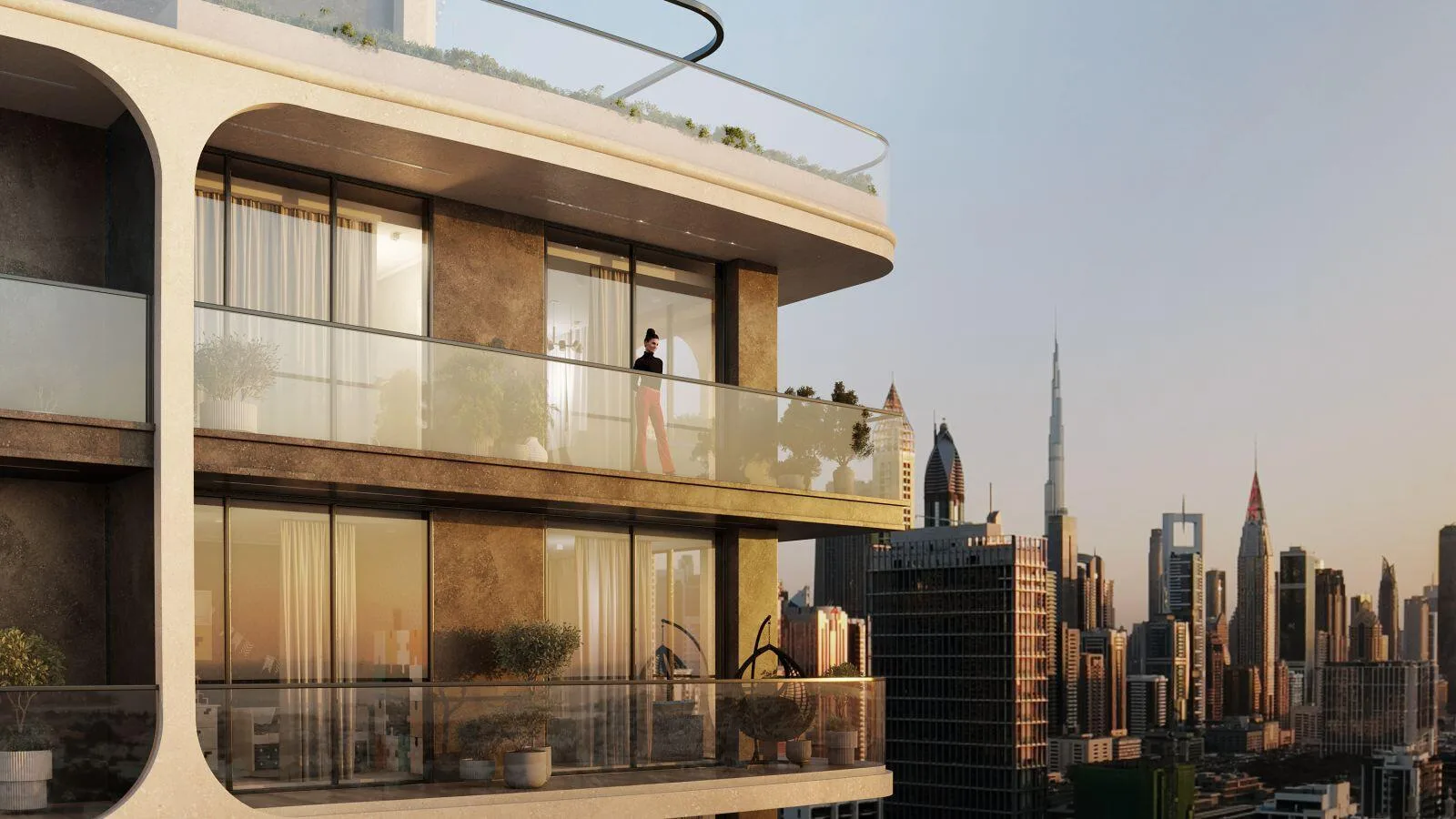 Балкон Olivia Gardens Residence с видом на небоскрёбы Дубая