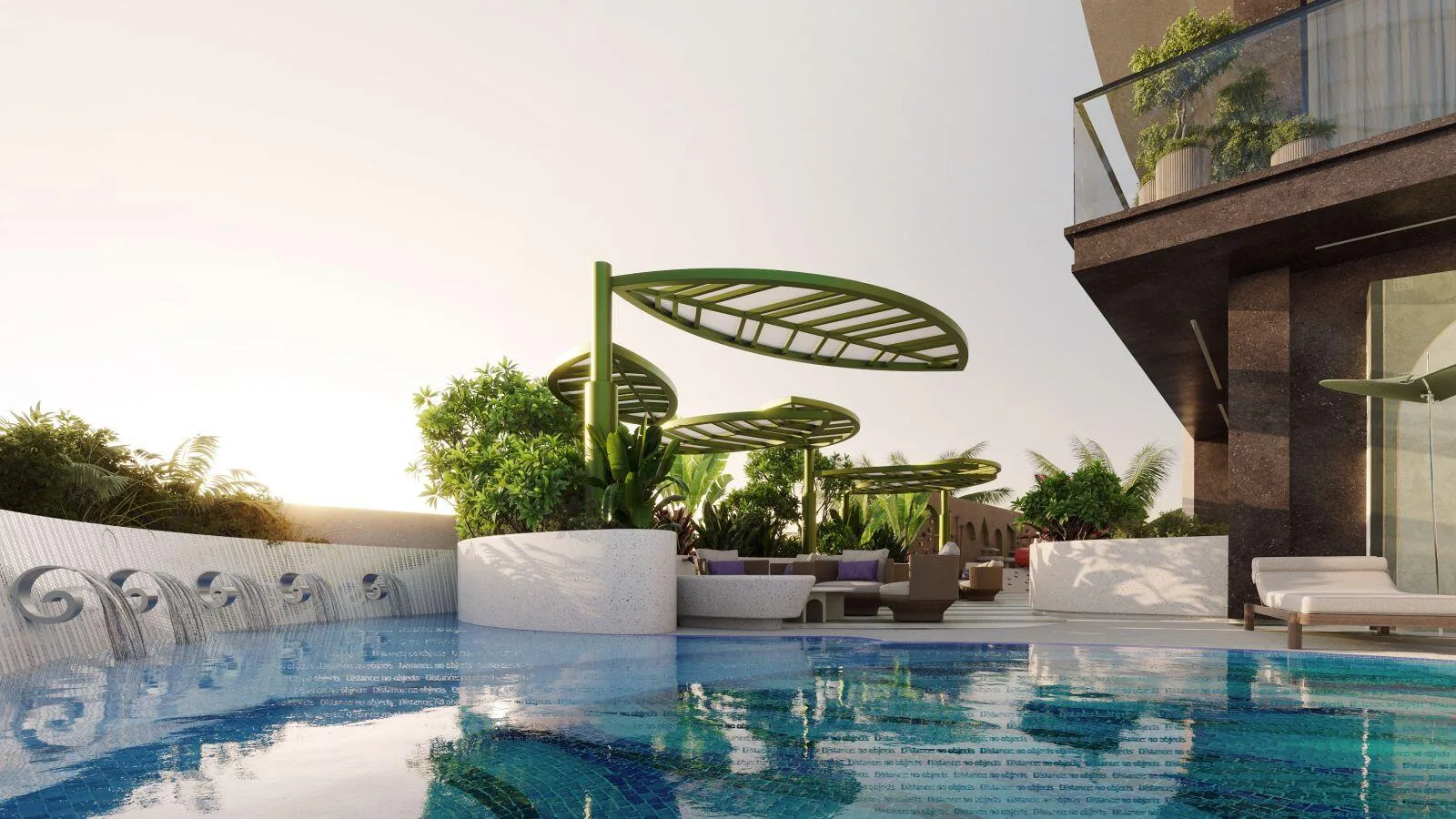 Джакузи под навесами в форме листьев во дворе Olivia Gardens Residence